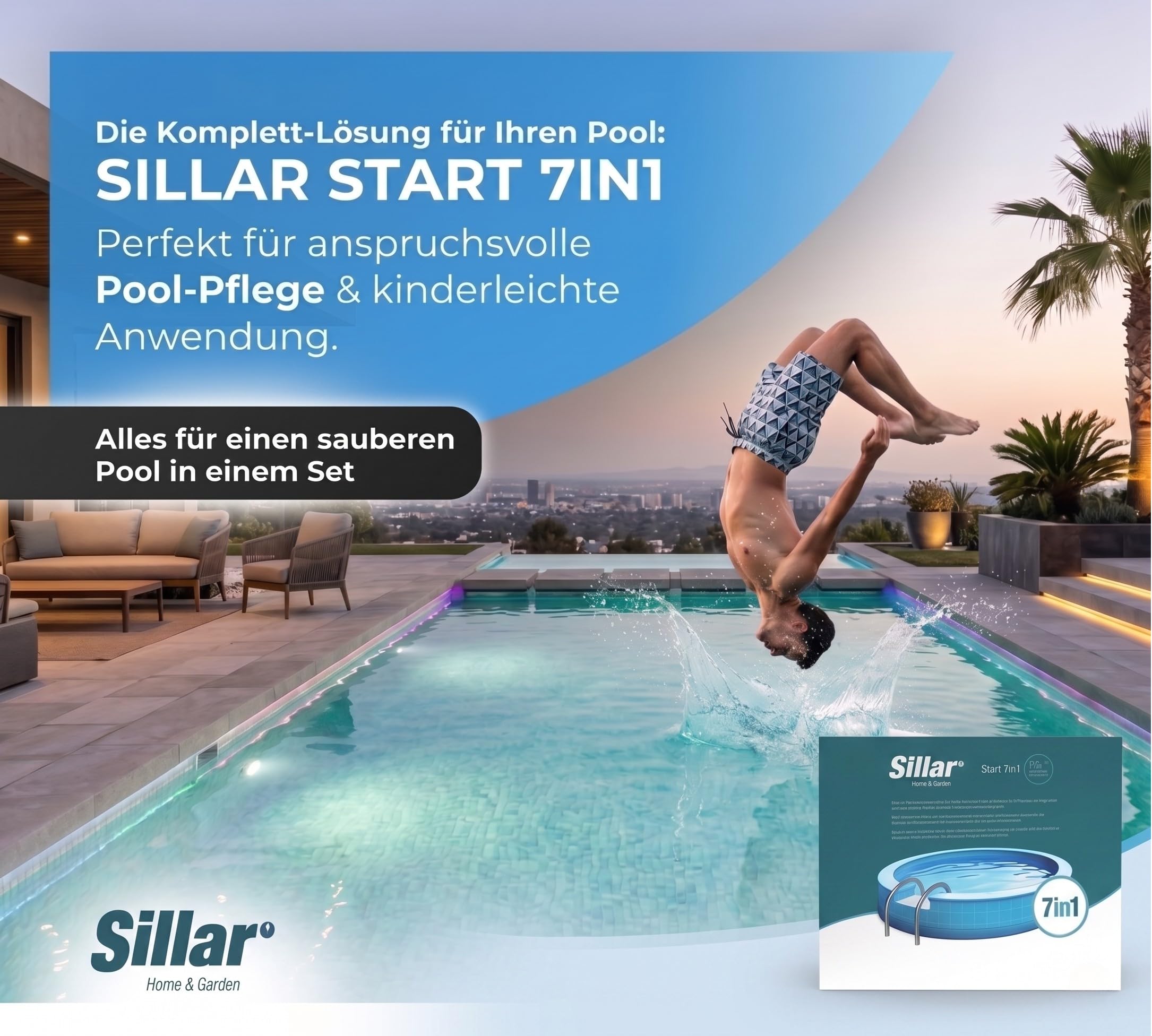 Sillar Pool Starter 7 in 1 Pool-Reinigungsset I Pool Zubehör I Pooltester pH/Cl-Messgerät, pH-Senker, Chlorgranulat, Klärmittel, Mittel gegen Algen, schrittweise Freisetzung von Chlor in Tabletten