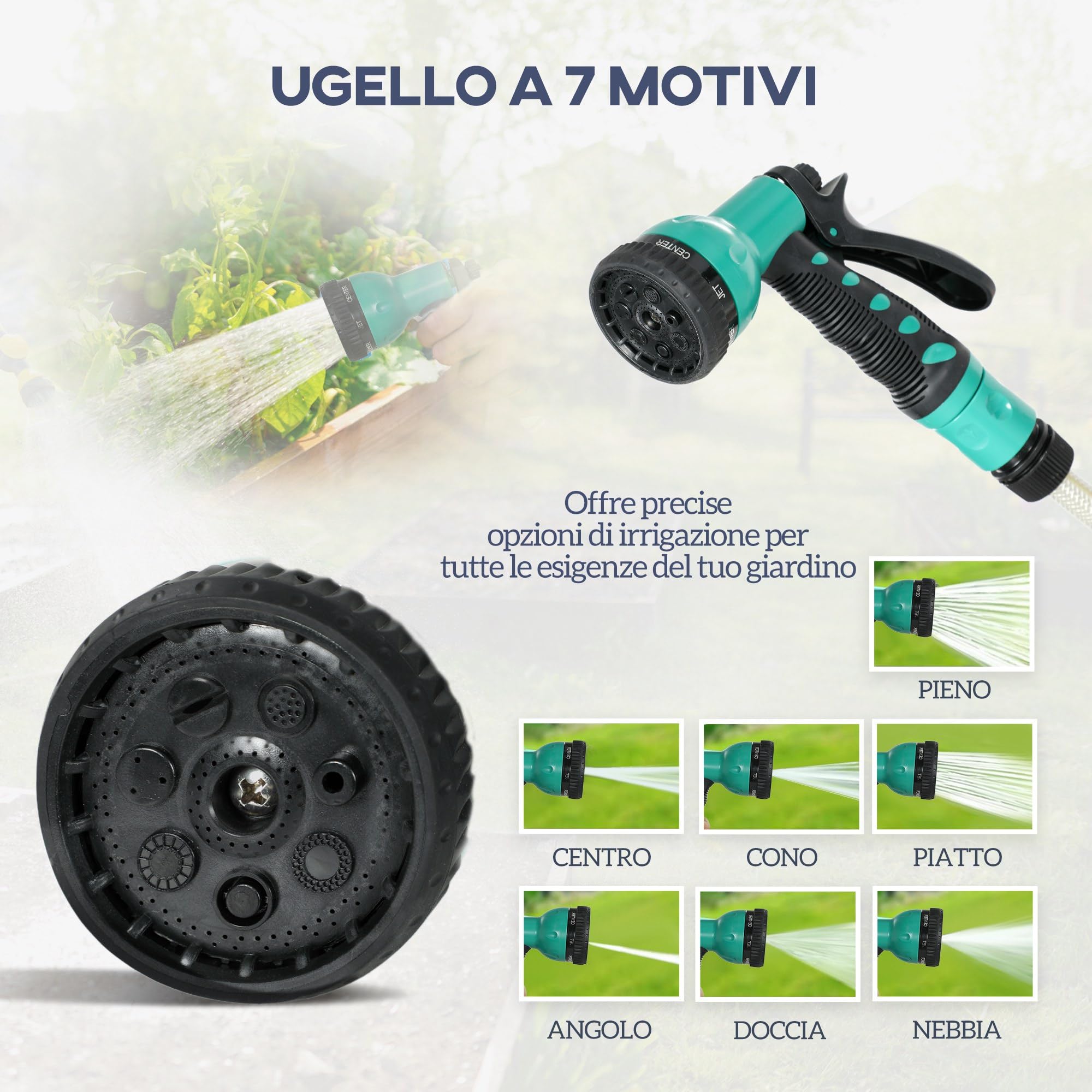 Outsunny Avvolgitubo da Giardino Retrattile con Tubo dell'Acqua 30+2 m, Avvolgitubo da Parete & da Manico, Girevole a 180°, con Blocco e 7 Modalità di Spruzzo per Irrigazione in PP, Nero