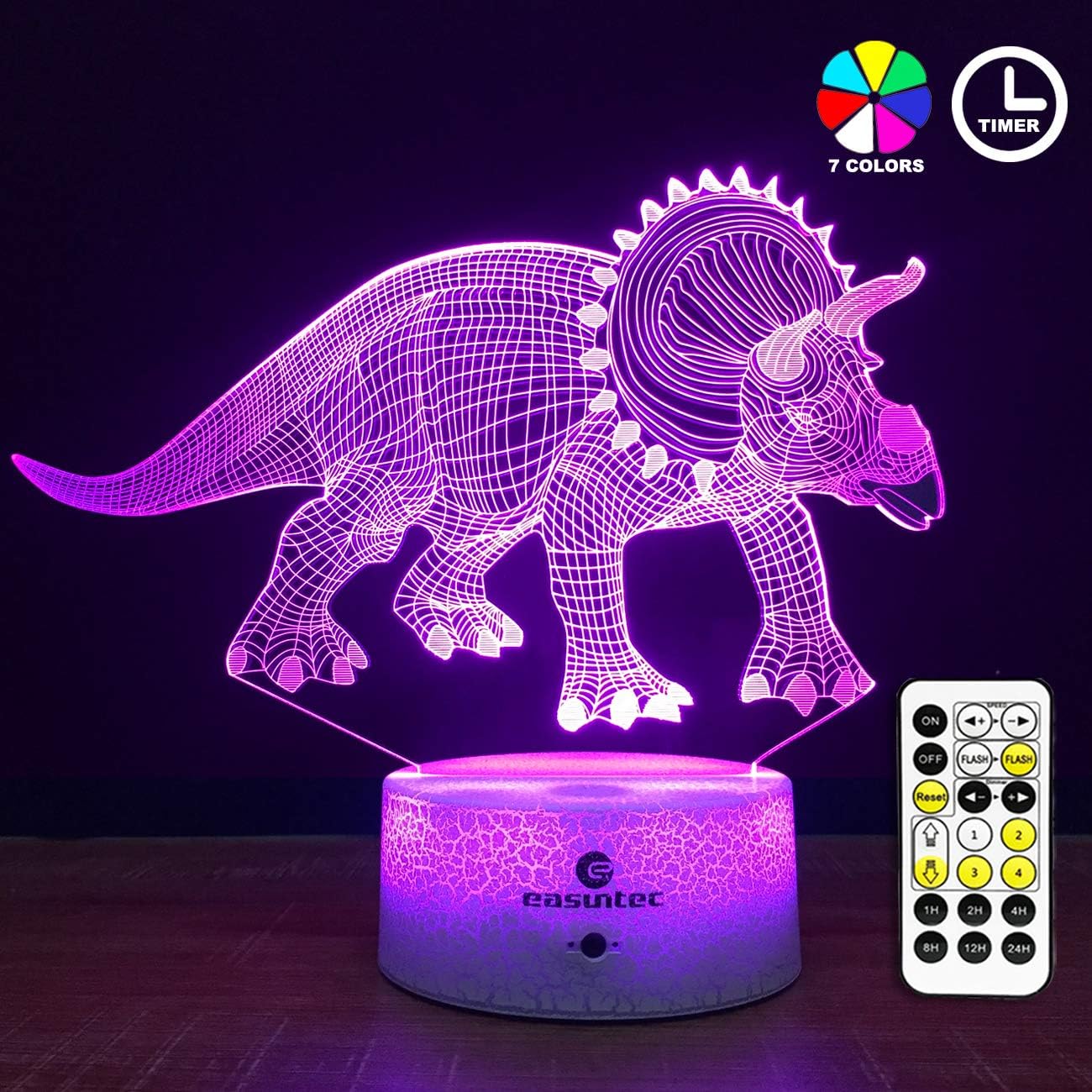 Easuntec Dinosaur Night Light 3D Night Light 7 Colors Change with Timer Remote Dinosaur Toys for Boys (Triceratops1)