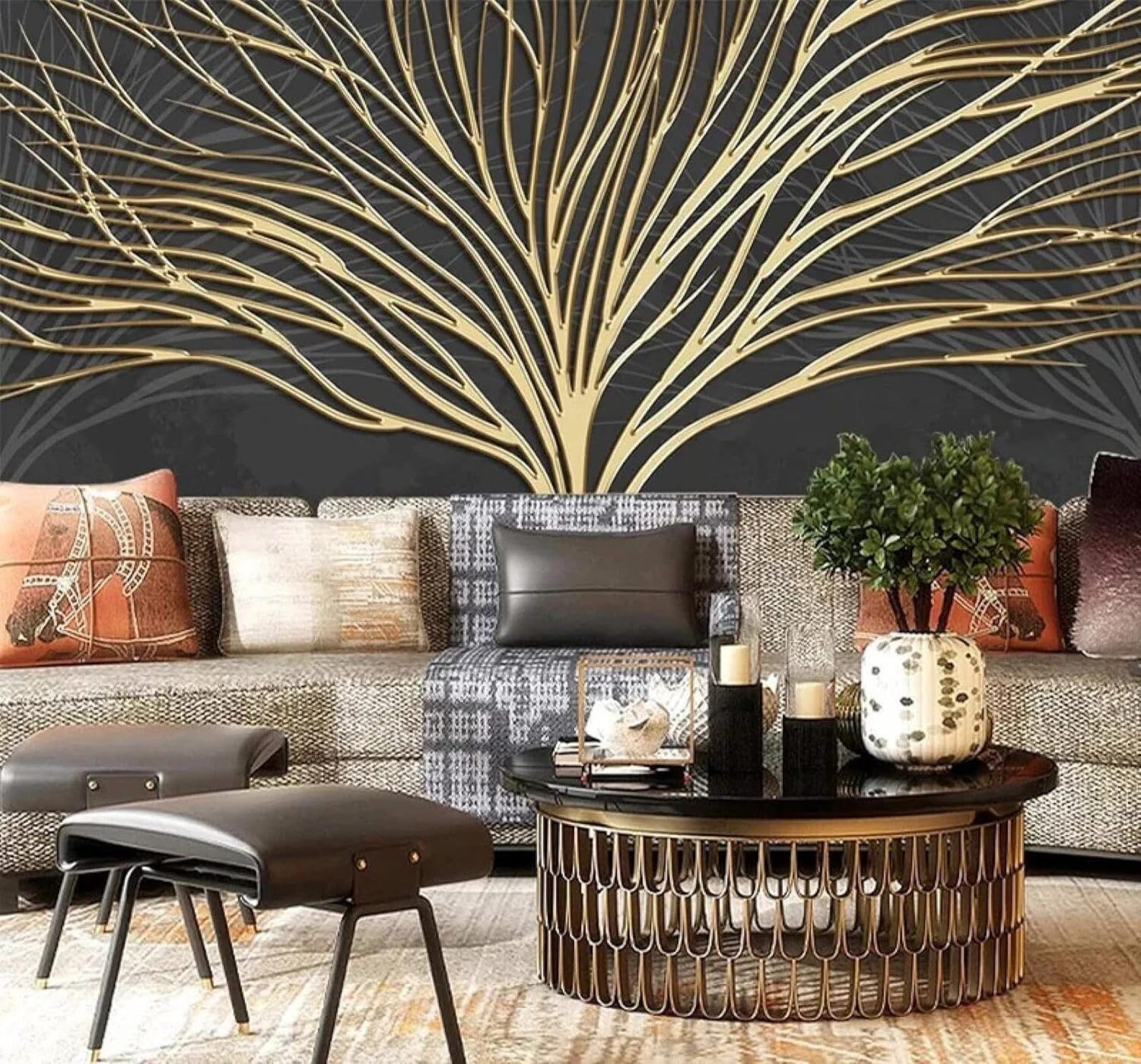 Xlming 300Cm×210Cm(B×H) Creative Relief Luxurious Golden Trees 3D Wallpaper Luxury Home Dining Decor Paste Sofa Living Room The Wall For Bedroom Mural-300Cm×210Cm