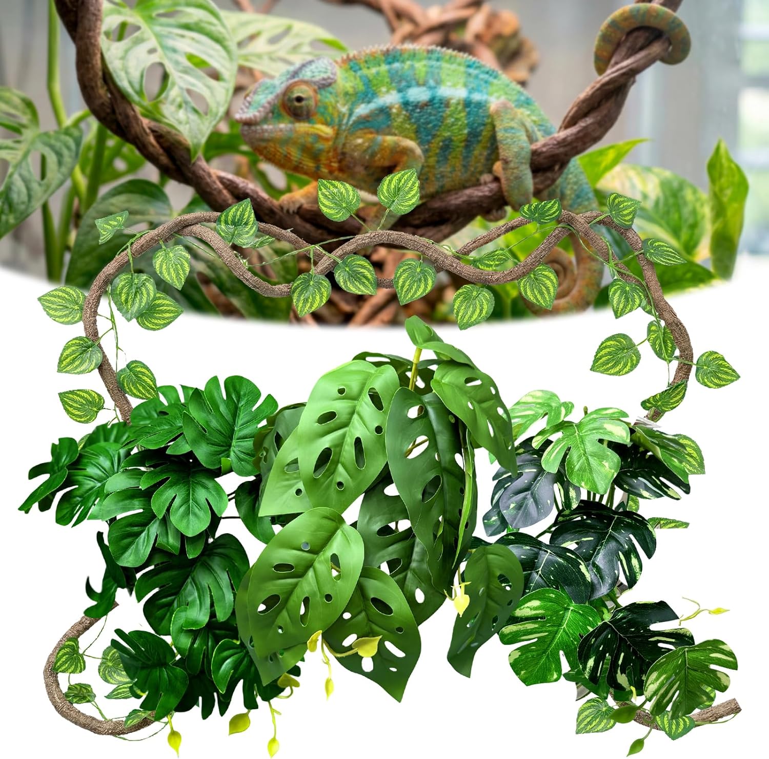 5 Pcs Reptile Plants & Habitat Decor Kit - 3 Artificial Plants & Large 5ft Jungle Vine Branch, Amphibian Habitat Hideout Tank Decorations fit Crested Gecko Leopard Lizard Chameleon Ball Python Frog