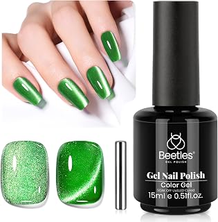 Beetles Green Cat Eye Gel Polish, 15ML Summer Emerald Green Gel Nail Polish with Magnet Soak Off UV Shimmer Velvet Gel Enchanted Glimmer Series French Nail Art Manicure Gifts for Women