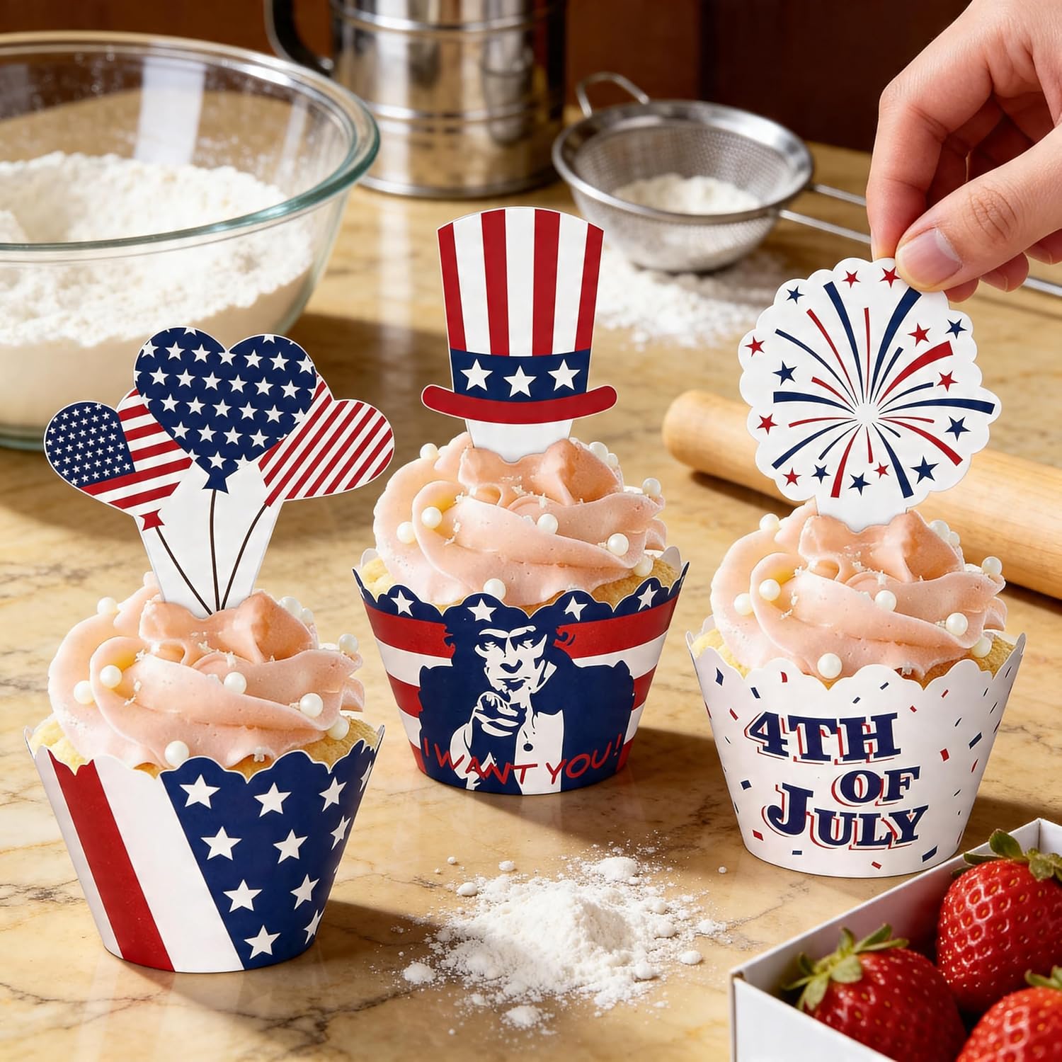 96PCS Fourth/4th of July Cupcake Toppers Wrappers - Patriotic Party Supplies Cake Decorations(48Sets)