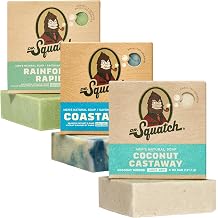 Dr. Squatch Natural Soap for Men - Cold Stirred Solid Soap with Natural Oils - Gifts for Men - Coconut Castaway Rainforest Rapids Coastal Mist 142g Pack of 3
