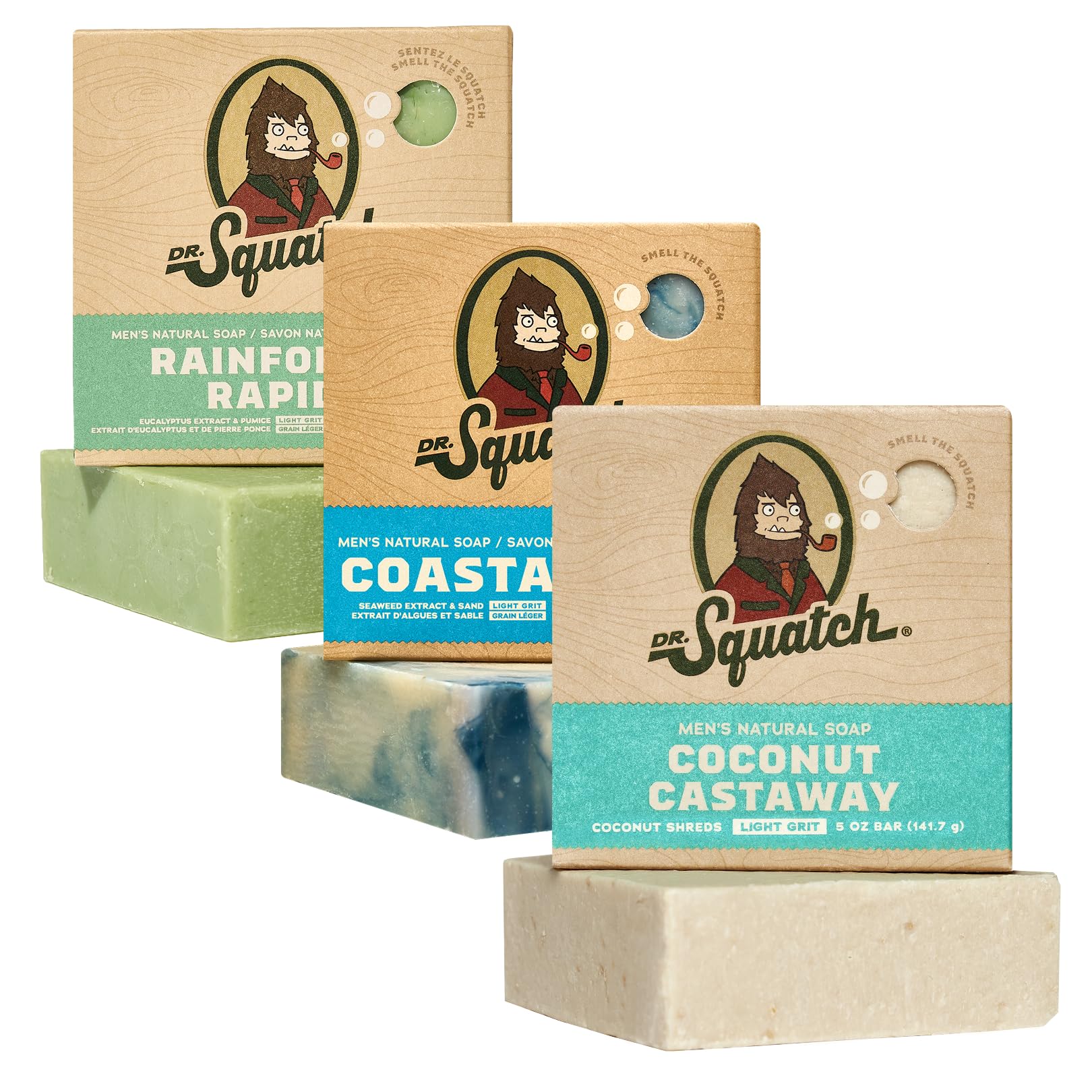 Dr. Squatch Natürliche Seife für Männer - kaltgerührte feste Seife mit natürlichen Ölen – Geschenke für Männer - Coconut Castaway, Rainforest Rapids, Coastal Mist (142g, 3er-Pack)