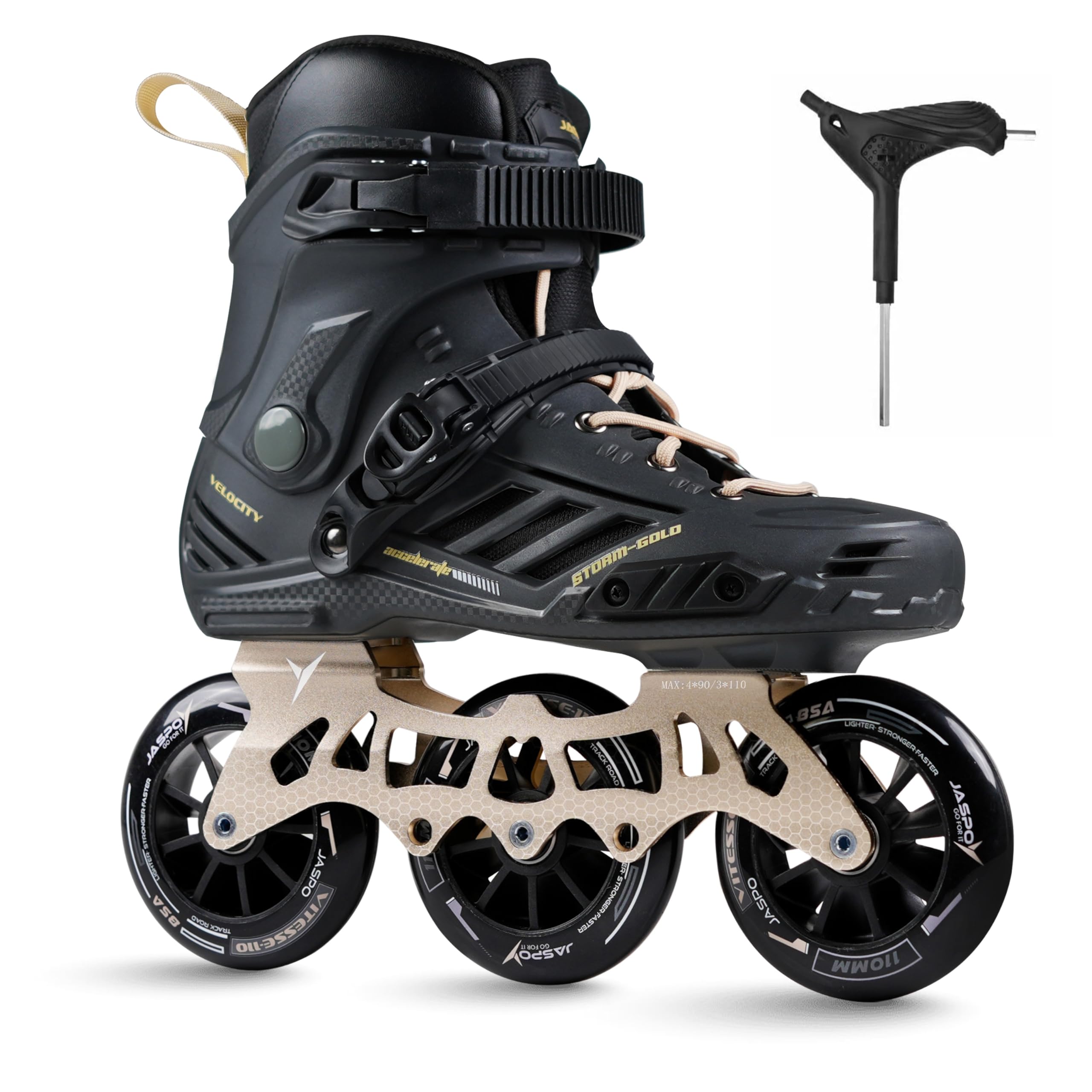 Jaspo Vitesse- Storm Gold | Limited Edition| Hard Boot | CNC Aluminum Frame | 110mm 85A Wheels | Triple Lock Buckle + Lace System | EVA Liner | Urban Skating | (Black & Gold, XL (UK Size-7-8.5)-image-4