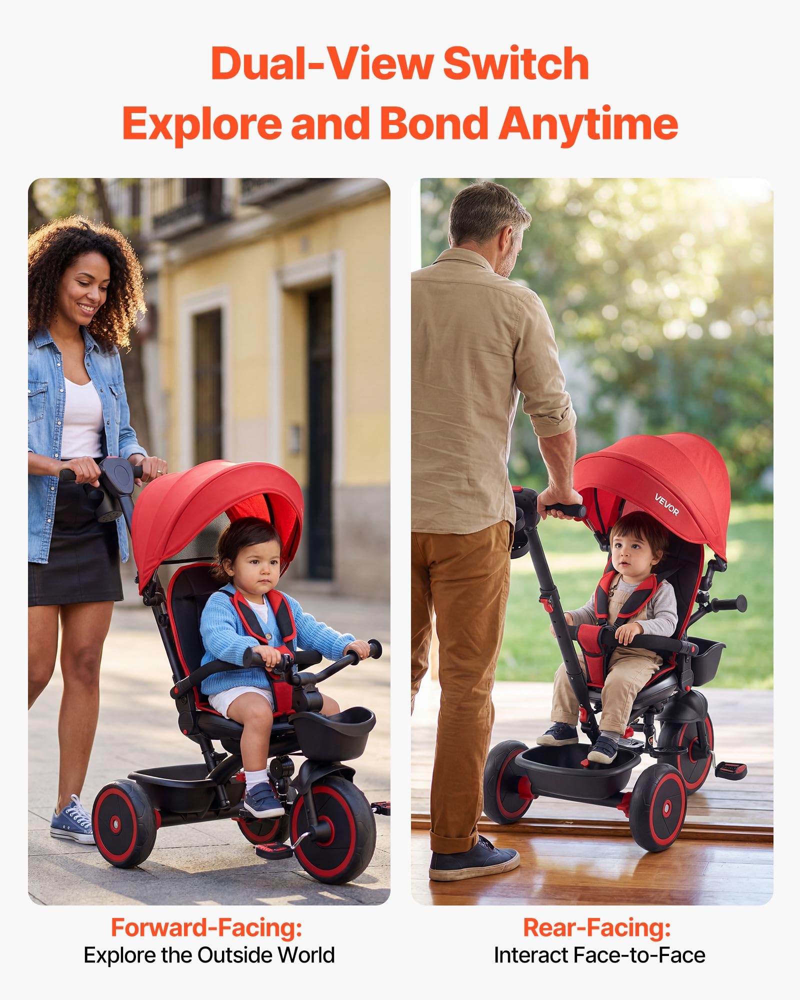 VEVOR Triciclos para Niños de 1 a 5 Años, Triciclo Infantil con Manillar de Empuje para Padres, Capota, Asiento Ajustable, Espacio de Almacenamiento, Cuadro de Acero al Carbono, Rosa y Negro
