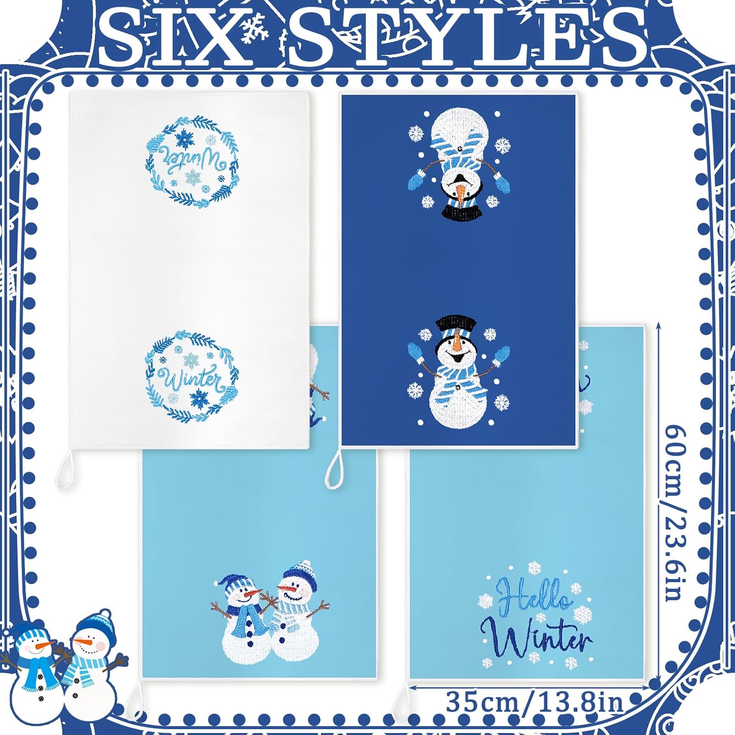 Geyoga 6 Pcs Winter Hand Towels Snowman Embroidered Blue Rustic Bathroom Towels for Winter Bathroom Kitchen Farmhouse Decor Gifts, 13.8 x 23.6 Inch - Image 3