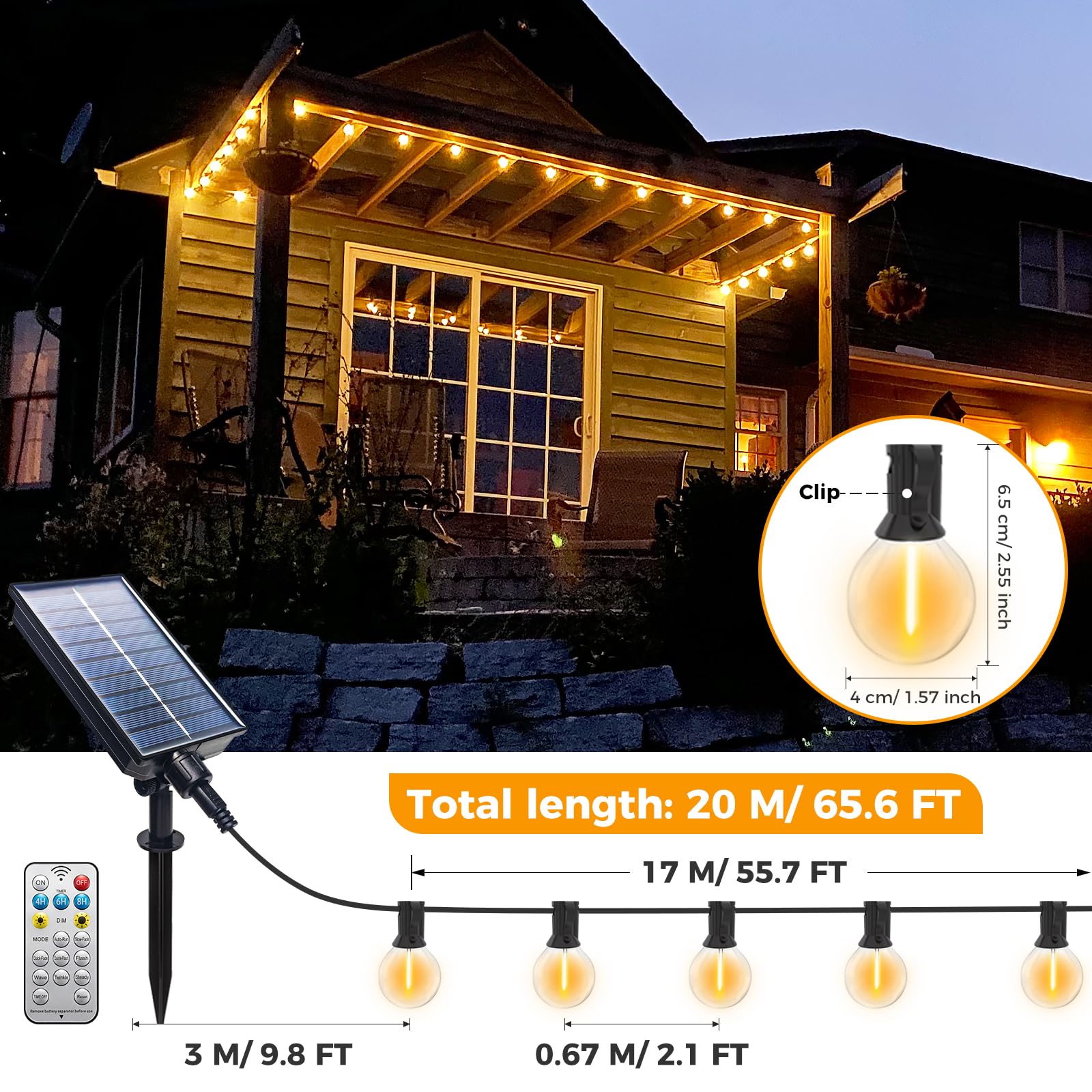 btfarm 20M G40 Catena Luminosa Esterno Solare con Telecomando + 10M Catena Luminosa Esterno con Telecomando, G40 LED Lampadine Impermeabile 3 Modalità Dimmerabile