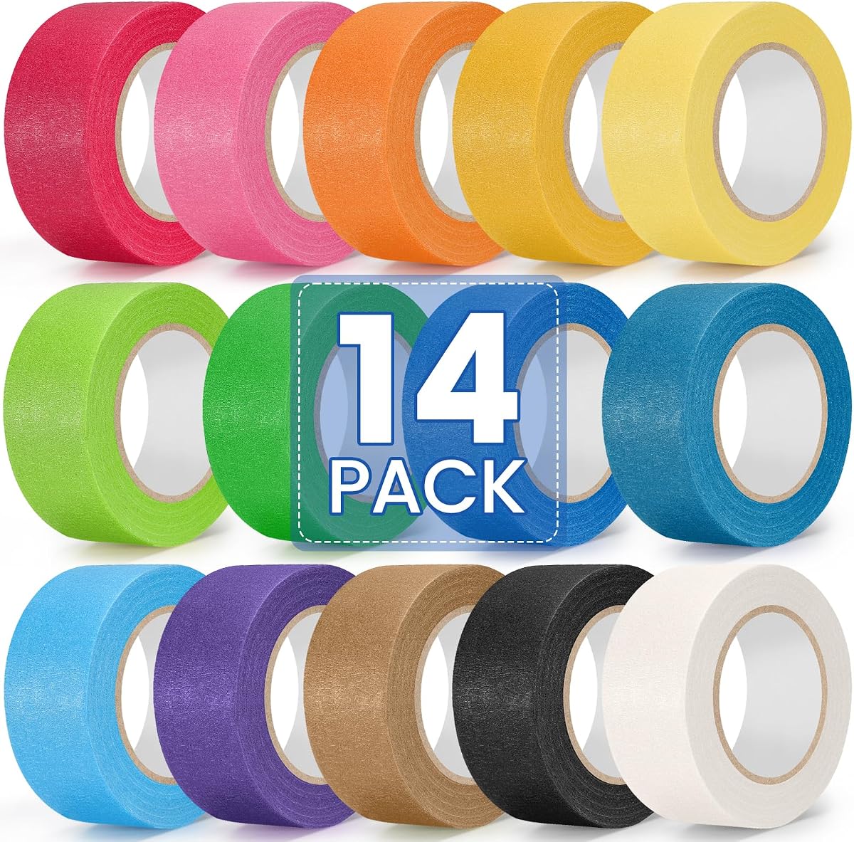 14 rollos de cinta adhesiva de colores, cinta de pintor de 1 pulgada x 140 yardas de longitud total, cinta de papel de 14 colores diferentes del arco iris, cinta de arte grabable para codificación de etiquetado de manualidades, decoraciones de bricolaje y suministros para el aula
