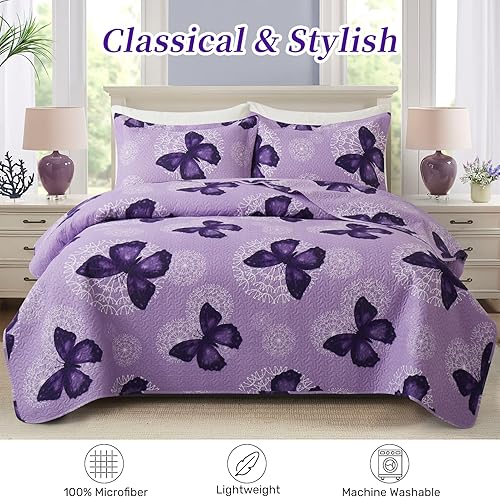 Vista 2 de ARTALL Juego de edredón de 2 piezas con estampado de mariposas, microfibra suave, ligera, colcha para cama, cubrecama, manta para arrojar con 1