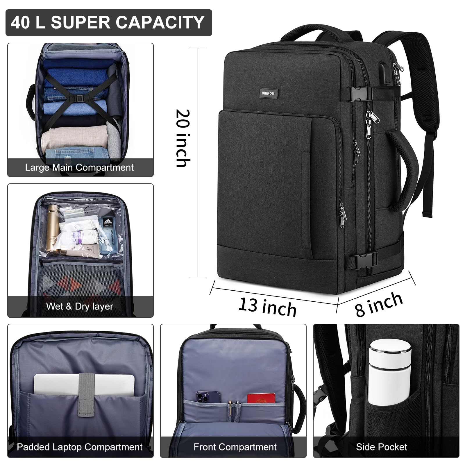 Travel Backpack For Women & Men - 45L Extra Large Carry On Backpack | Laptop Compartment, USB Port, Luggage Strap - View #3