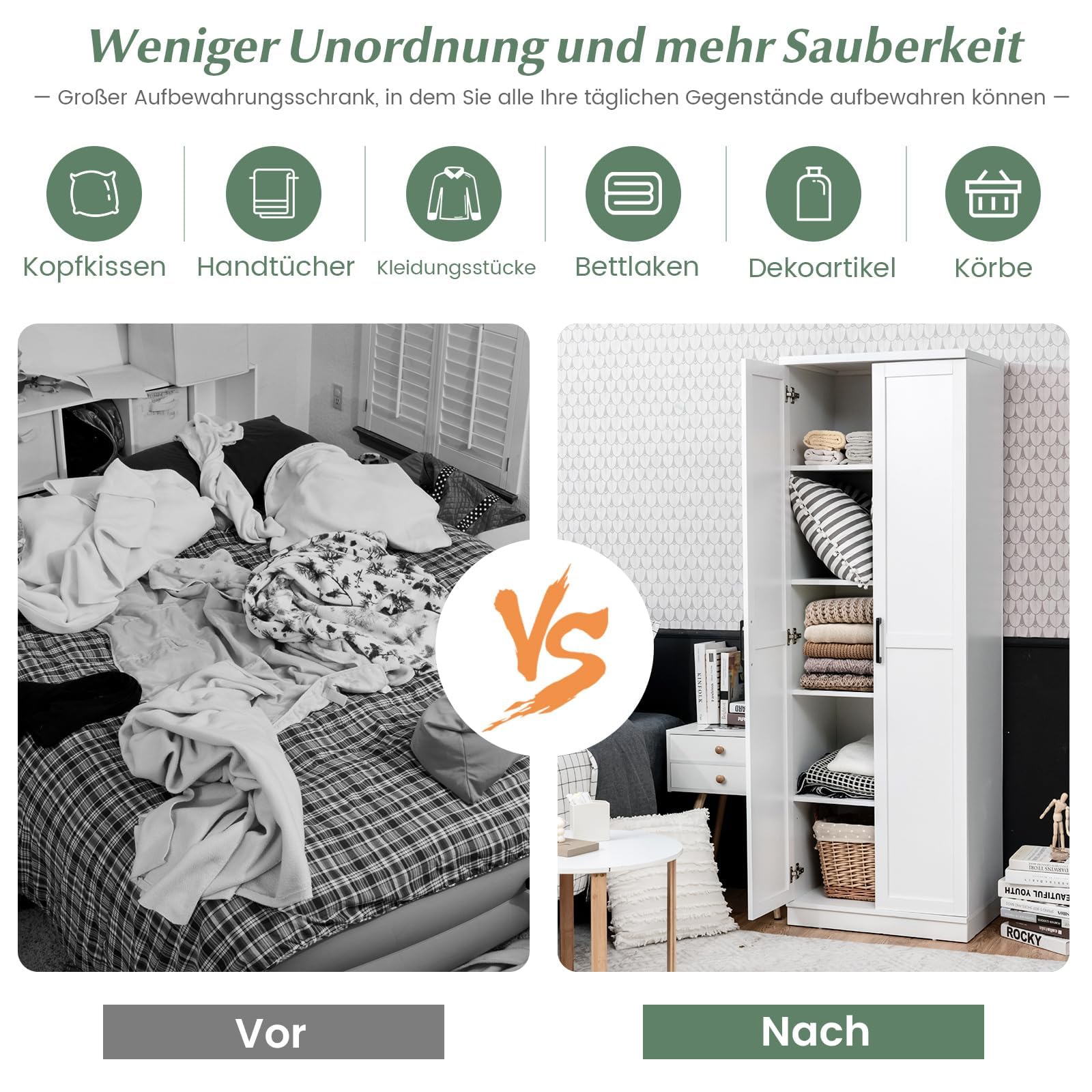 COSTWAY 5 stöckiger Hochschrank, freistehender Vorratsschrank mit 2 Türen & verstellbaren Regalen, Aufbewahrungsschrank Mehrzweckschrank mit Kippsicherung für Schlafzimmer, Küche, Wäscherei (Weiß)