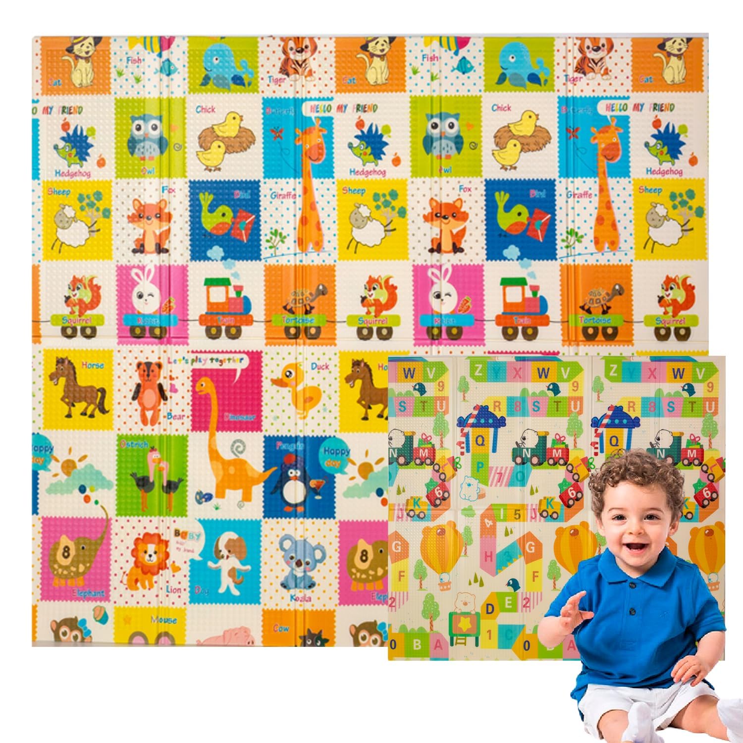 Edibaby, Alfombra Bebe, 200 x 180 cm, 1 cm Grosor, Diseño Infantil, Acolchada de XPE, Reversible y Plegable, Tapete Actividades, Colchoneta para Niños para Juegos en el Suelo (Playground Edition)