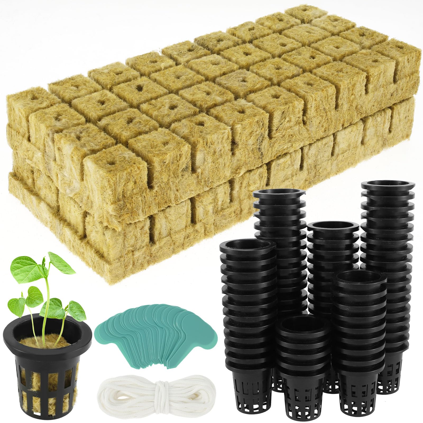1.5inch Hydroponics Rock wool Cubes, 72 Set Rock wool Cubes with 72 Net Cups 30 Label, Good Absorption Hydroponics Mesh Net Cup Kit for Hydroponics Soilless Cultivation Seedlings Cuttings Clone Plants