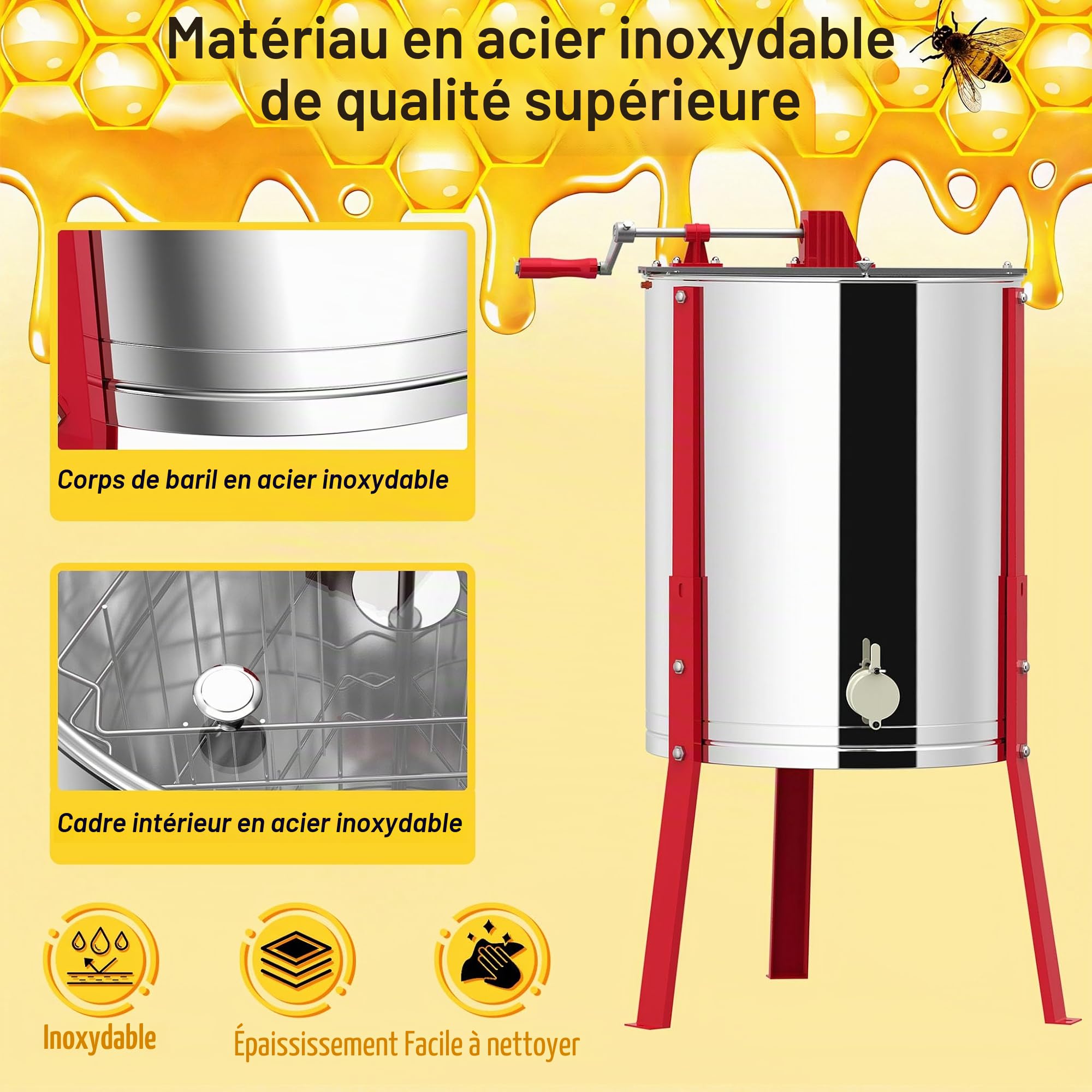 LZQ Extracteur de miel manuel en acier inoxydable pour 4 cadres, extracteur de miel centrifuge à manivelle, extracteur de miel pour apiculture, réglable en hauteur, accessoires pour l'élevage des