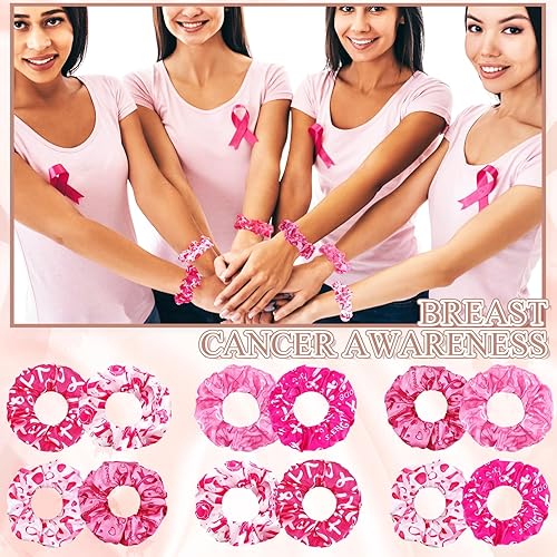 Miniatura 5 de Tigeen 60 coleteros para el cabello con cinta rosa para concientización del cáncer de mama, bandas para el cabello de seda texturizadas para mujeres