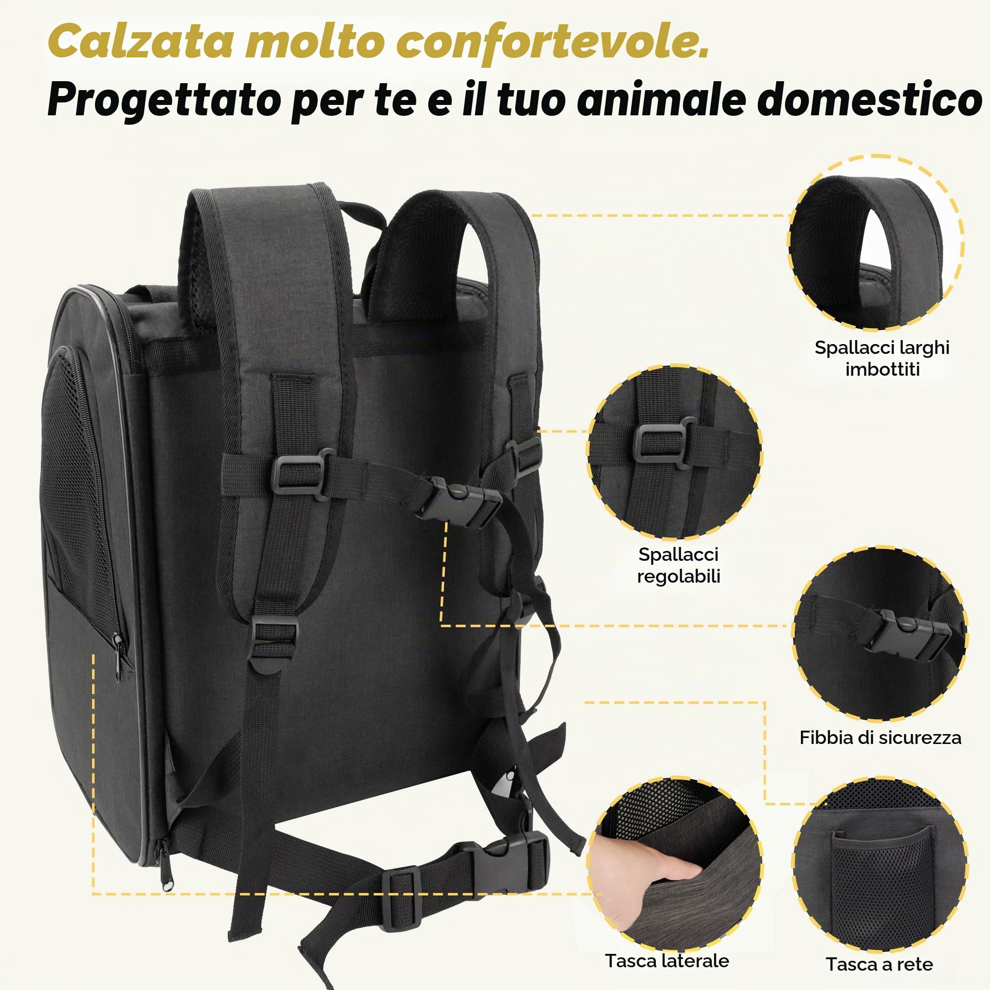 Zavothy Zaino per Cani e Gatti, Zainetto Trasportino Portatile e Pieghevole, con Finestra a Rete e Supporto Imbottito per la Schiena, Traspirante, Carico Massimo 8kg (Nero)