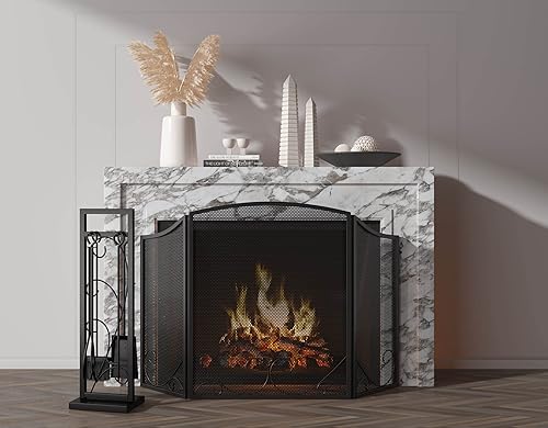 Miniatura 4 de Lizh Metalwork - Juego de 5 herramientas para chimenea de acero negro, kit de accesorios para horno, herramientas para chimenea, incluye póster,