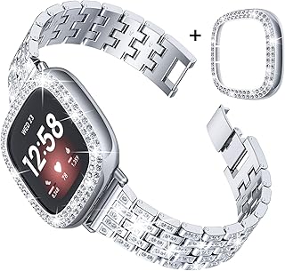 Goton Compatible for Fitbit Versa 3 Band, Women Bling Diamond Brick Design Replacement Strap Bracelet & Bling Bumper Protective Case Compatible for Fitbit Sense / Versa3