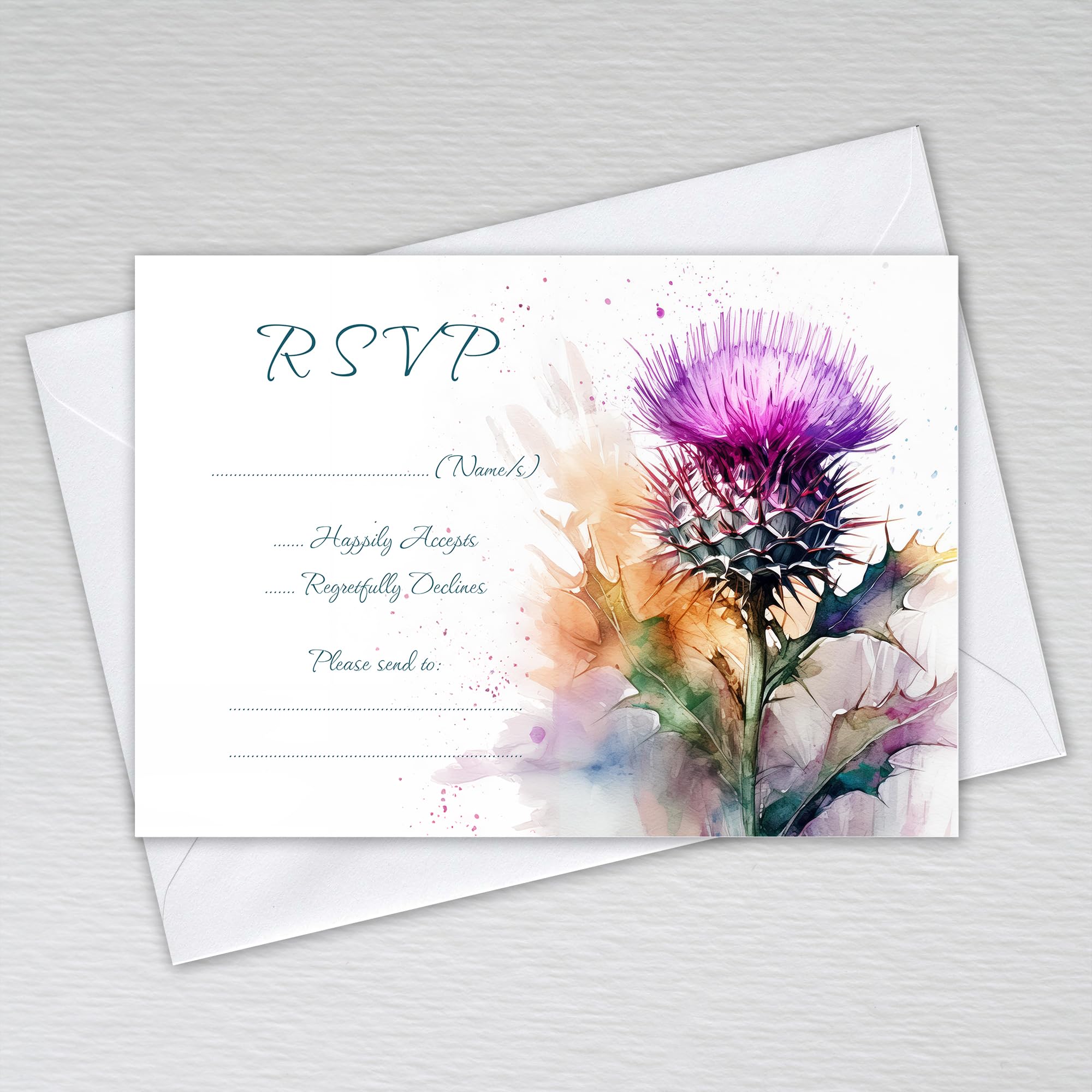 Webspectations Scottish RSVP Cards with Envelopes for Weddings & Party Events with the National Flower of Scotland Theme: Scottish Thistle Wedding RSVP Cards (Pack of 20 with Envelopes) — image 1