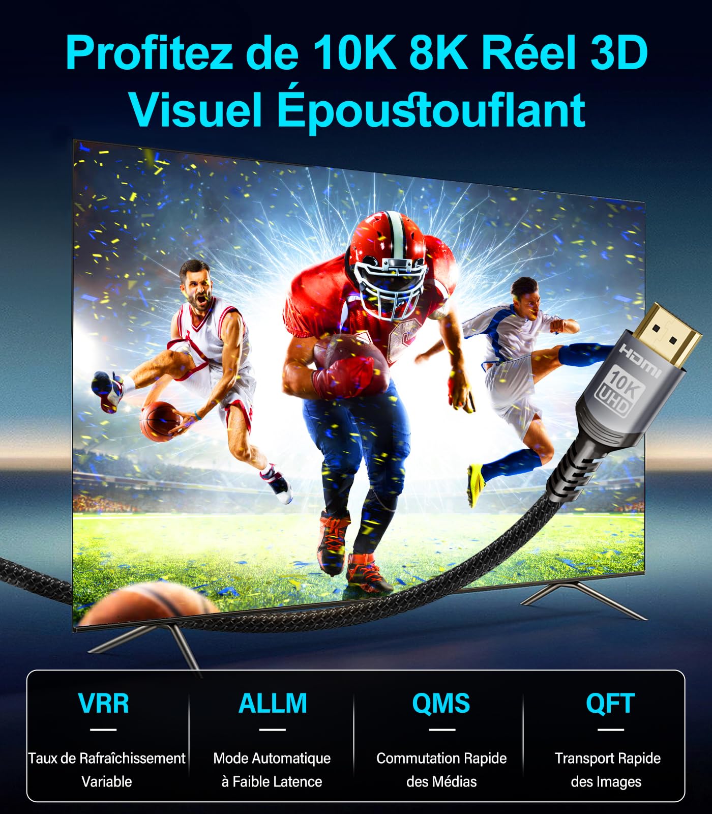 Sniokco 10K 8K 4K Câble HDMI 2.1 48Gbps 1M, Certifié Ultra Haute Vitesse HDMI® Cable 0.01ms 4K 240Hz 165Hz 120Hz 8K 60Hz eARC Netflix HDCP 2.3 2.2 DTS:X HDR10+ TV Moniteur Projecteur Roku