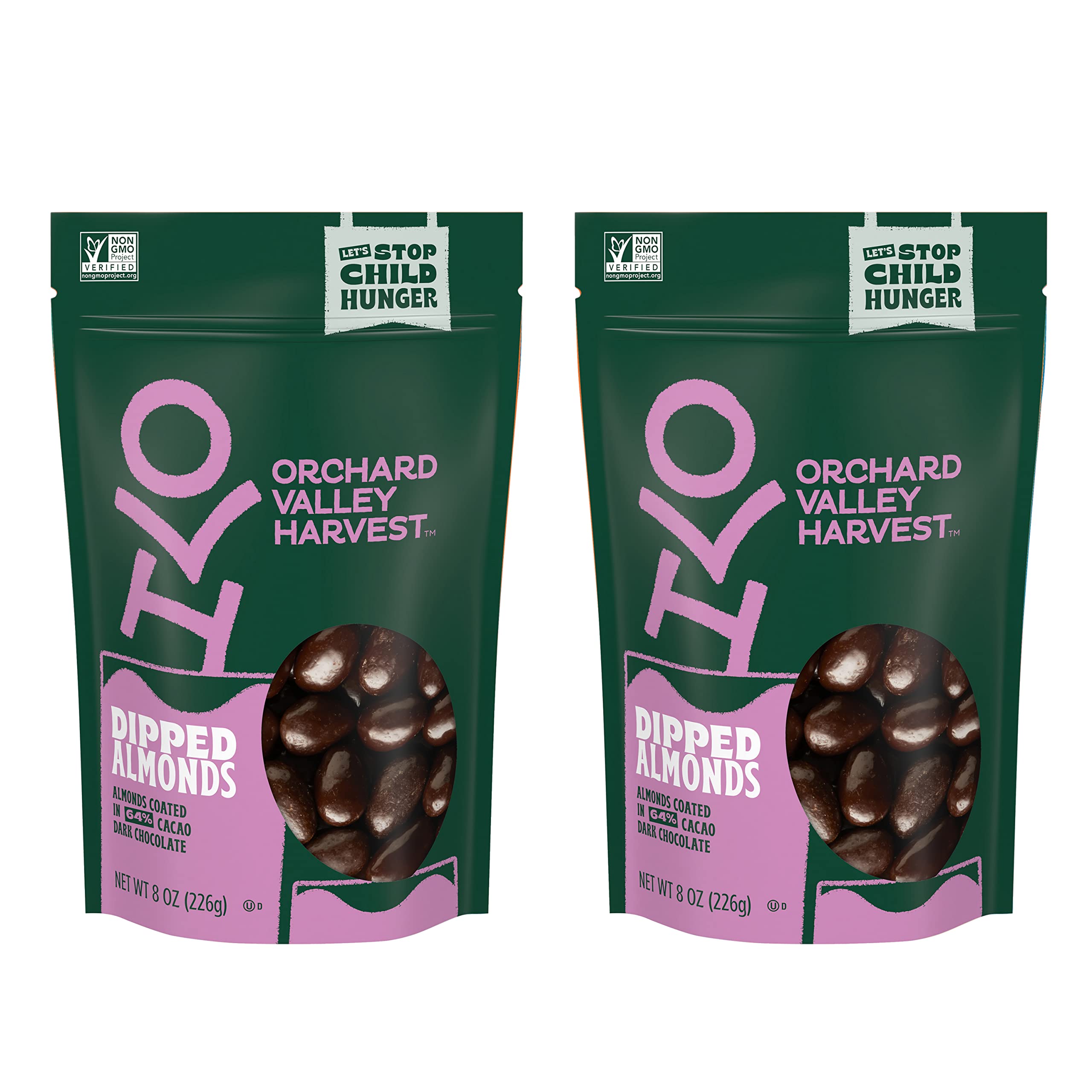 Orchard Valley Harvest Dark Chocolate Dipped Almonds, Gluten Free, Non-GMO, Stand Up Bag, No Artificial Colors, Flavors or Preservatives, 8 oz (Pack of 2), On-The-Go Snack For The Whole Family