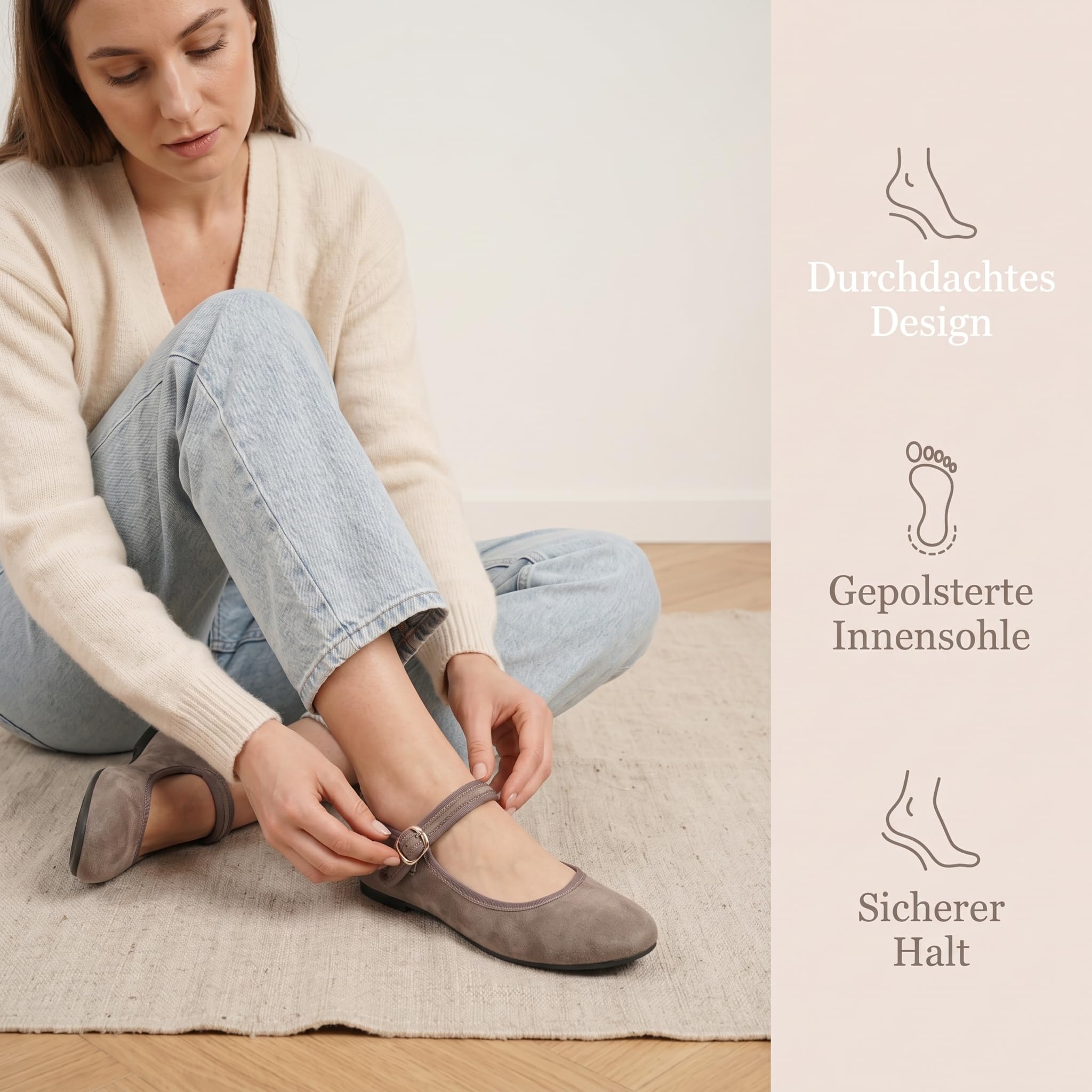 GLAMORA Damen Ballerinas Mary Jane Veloursleder Optik Flach Bequem Schuhe Rundspitze Riemchen Verstellbar Weich Flexible Sohle Slipper Elegant Komfort Freizeit Schuhe