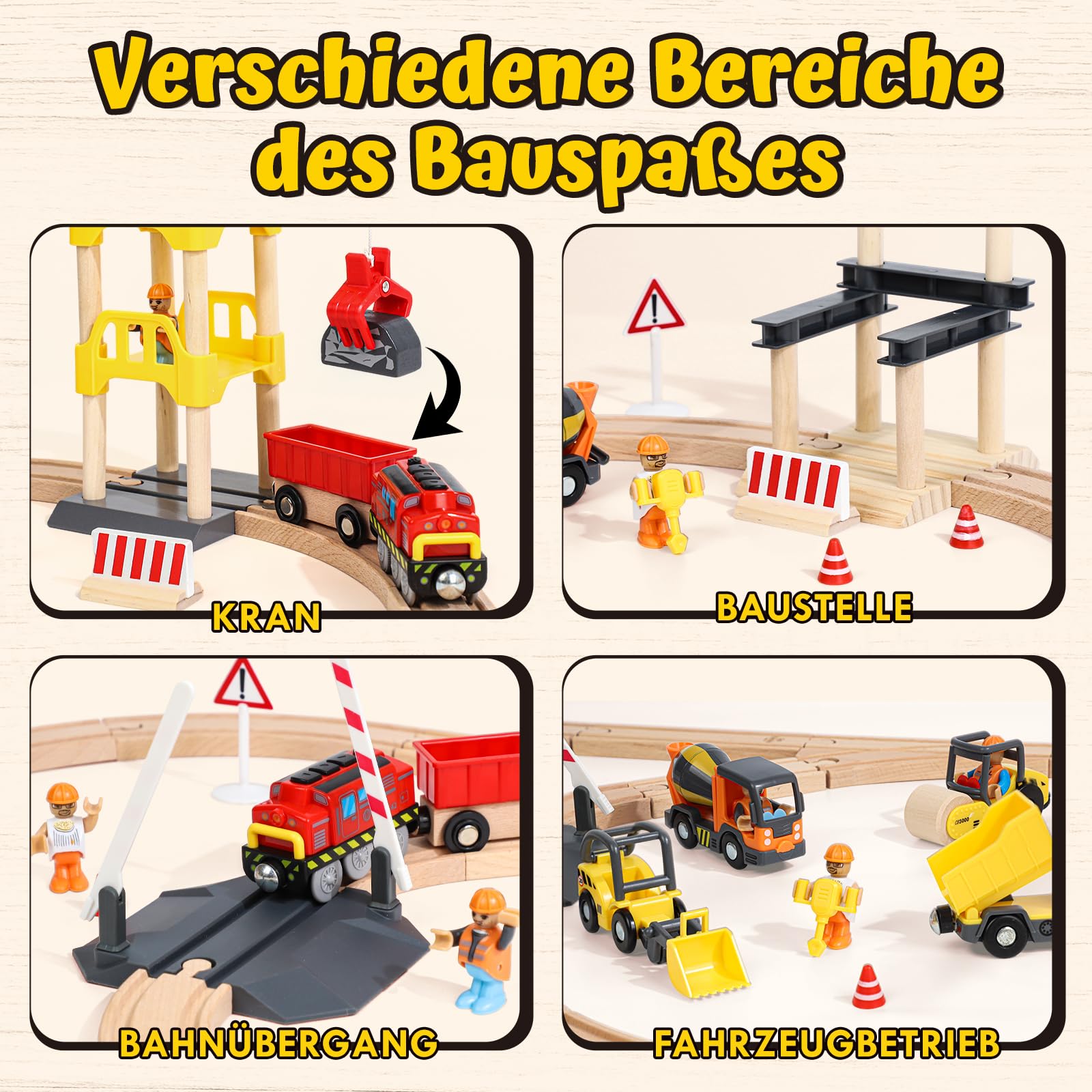 Lehoo Castle Holzeisenbahn, Elektrische Lok und Kran, Kinder ab 3 Jahre | 68 Teile, Elektrischer Zug, 360 Grad Magnetkran, Kompatibel mit Holzschienen, Baustellenfahrzeuge, Geschenk ab 3 Jahre