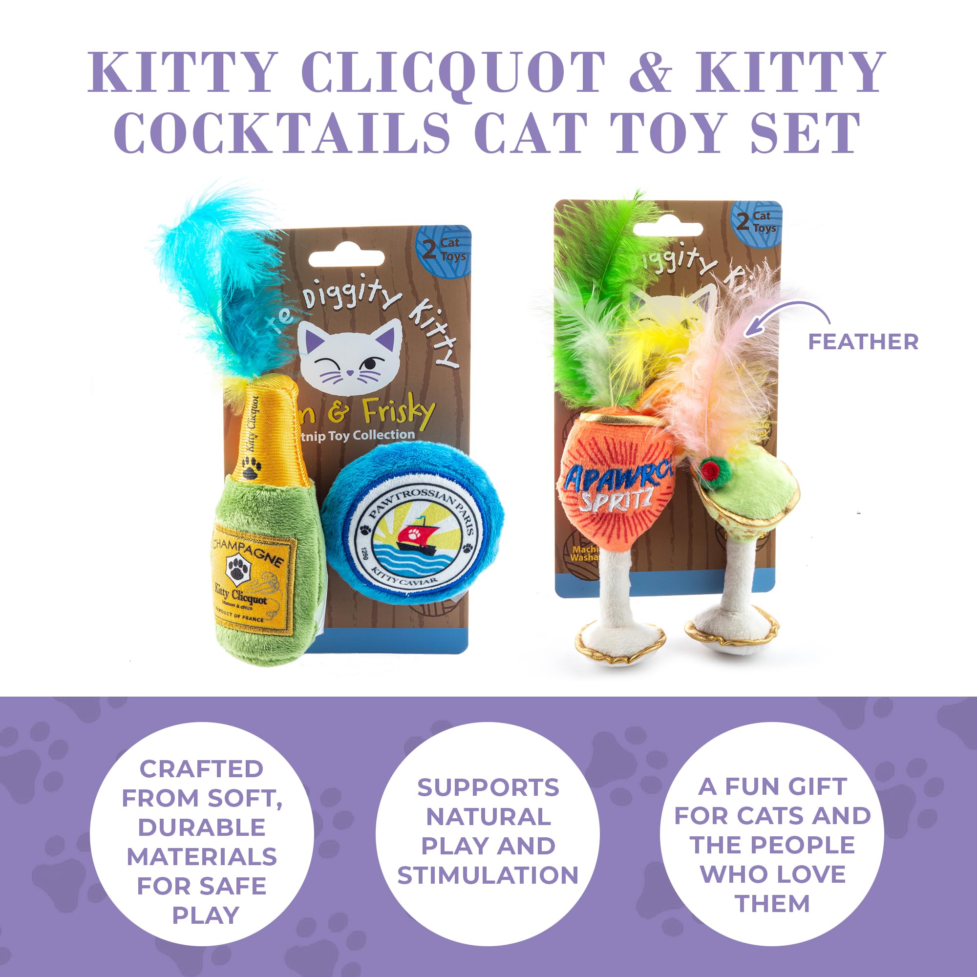 Haute Diggity Kitty Clicquot Champagne & Caviar + Kitty Cocktails Apawrol Spritz & Cattini Set de juguetes de peluche para gatos rellenos de hierba gatera con sonido crujido interactivo, juguetes