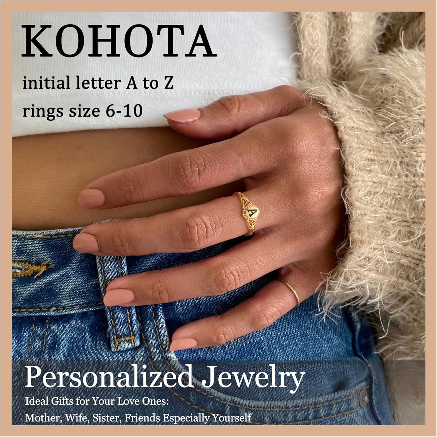 KOHOTA Gold Initial Rings for Women Non Tarnish Vintage 14K Gold Plated Letter Signet Ring Dainty Personalized Stackable Thumb Pinky Band Ring Size 6-10 Jewelry Gifts - Image 2
