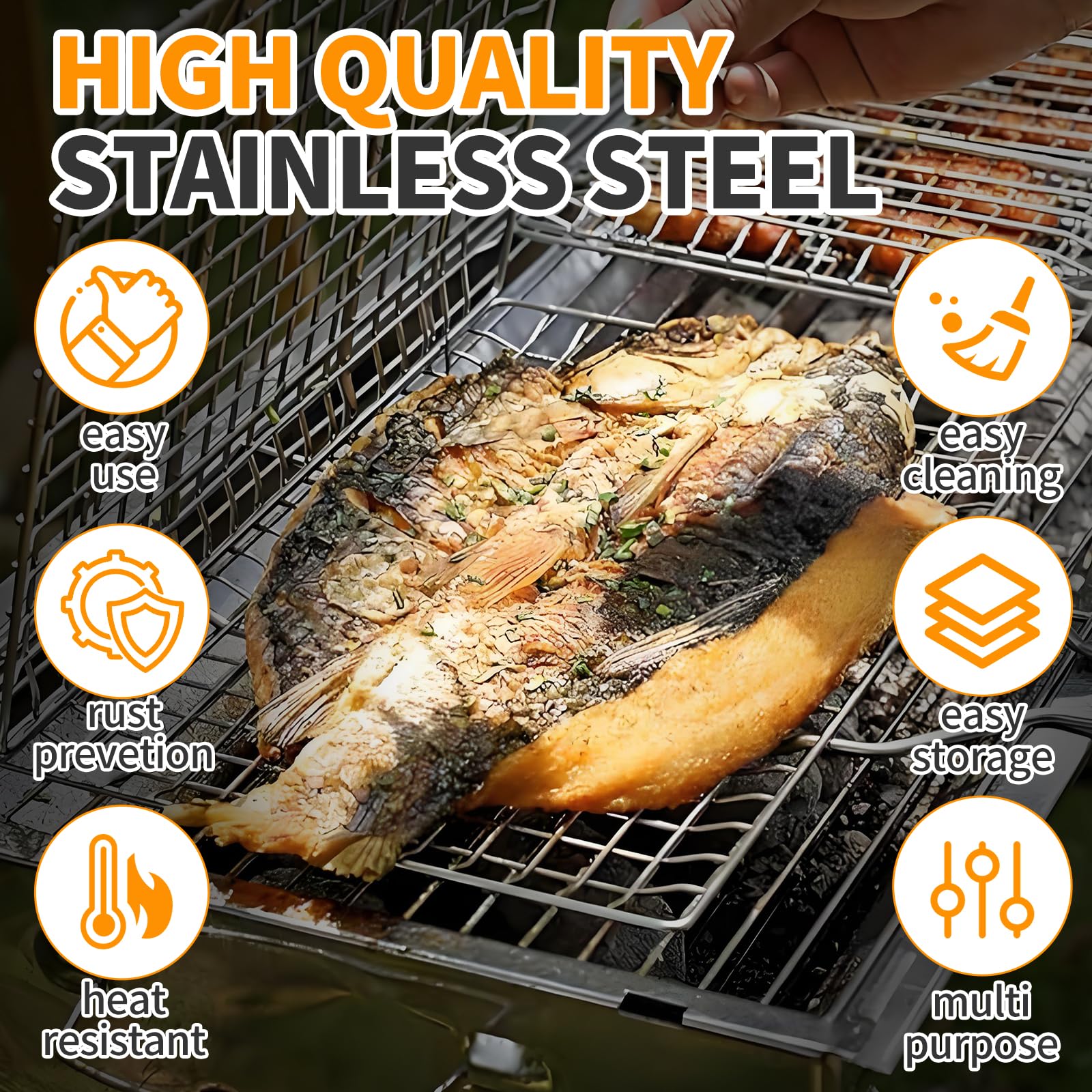 Panier De Barbecue Pliable Avec Poignée Longue - Acier Inoxydable, Pour Légumes, Viandes, Poissons, Saucisses - 12