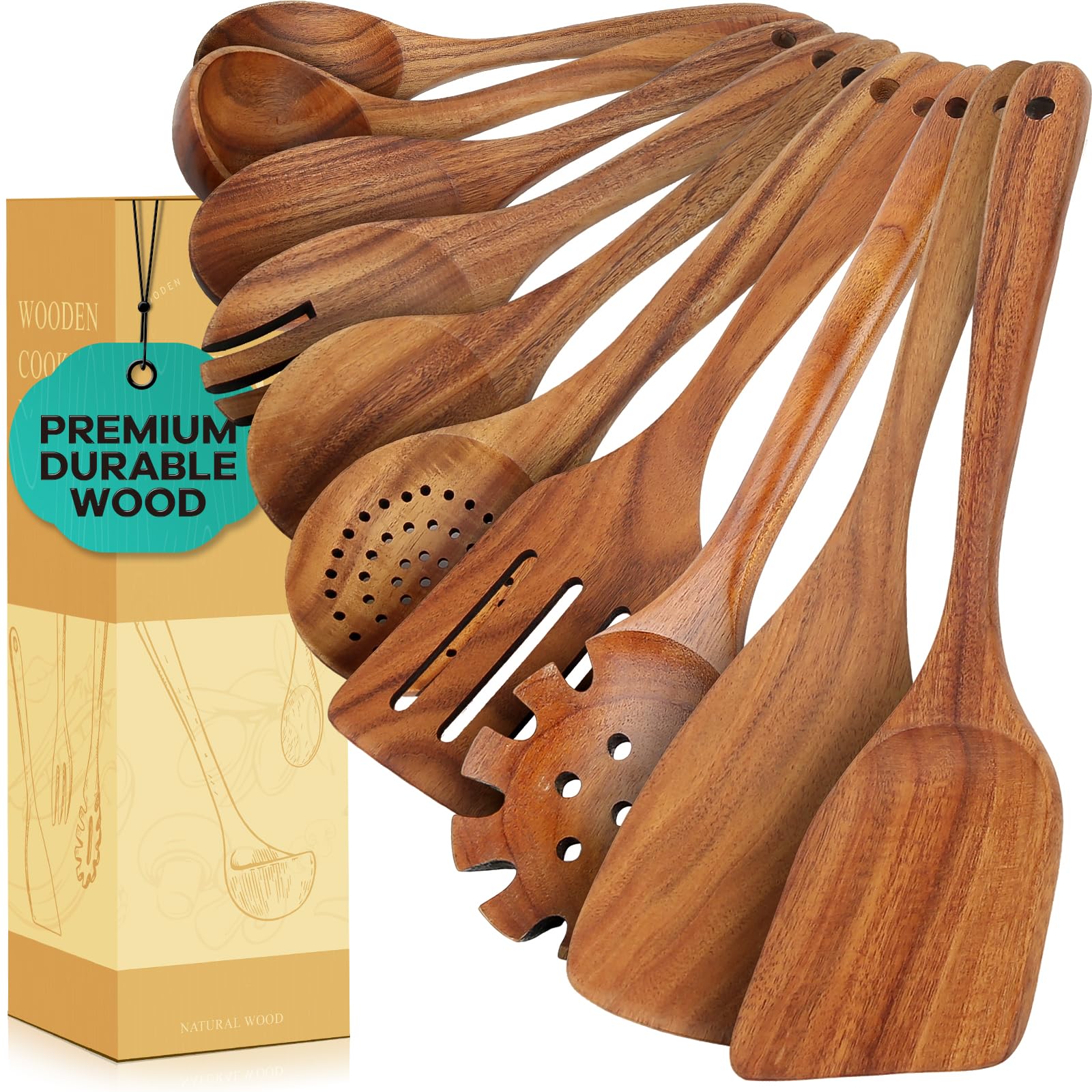 10 cucchiai in legno per cucinare, utensili in legno per cucinare utensili da cucina in legno di teak antiaderente, set di spatole in legno