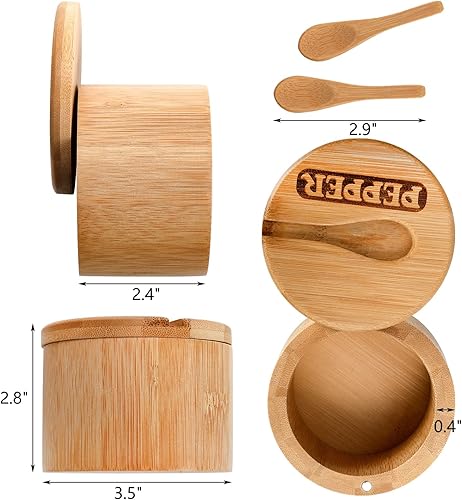 Miniatura 2 de Lawei Paquete de 2 cuencos de bambú para sal y pimienta, recipiente redondo para sal con tapas magnéticas giratorias y cucharas, bodegas de sal de