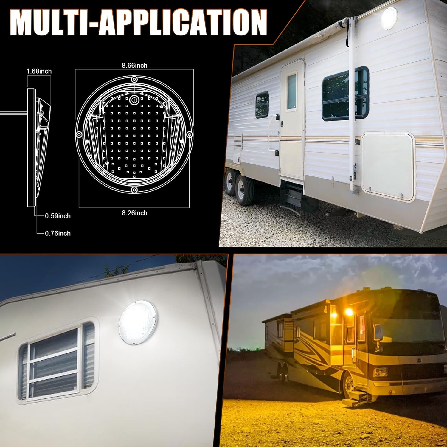 LED RV Exterior Light,8.5 Inch Round Scare Porch Light with 100pcs Dual Color Leds Flood Awning Light Replacement kit Surface Mount Fixture for RV Trailer Fifth Wheel Camper Bus