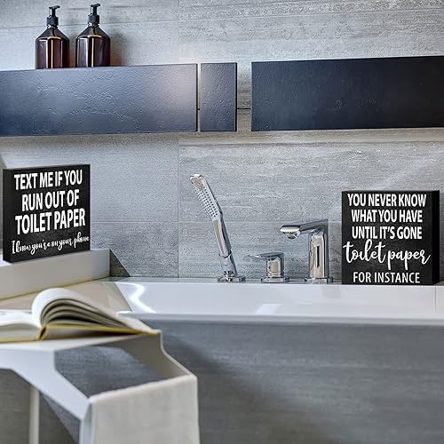 Miniatura 6 de Jetec 2 letreros divertidos de madera rústica de madera negra para decoración de pared de baño, citas de papel higiénico para el hogar, invitados,