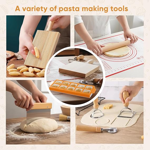 10 Pcs Pasta Maker Set with 50x40cm Silicone Mat, Ravioli Mould & Cutters | Pasta making tools, Wooden Pasta Machine ravioli cutter & dough scraper with wooden handles for home chefs.