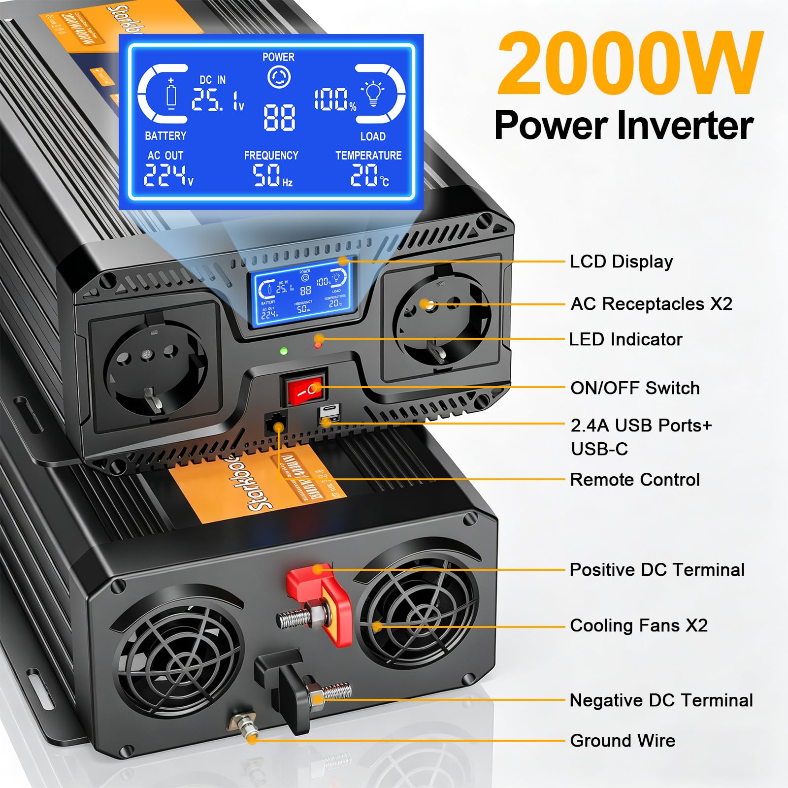 2000W/4000W Wechselrichter 24v auf 230v Reiner Sinus Spannungswandler mit LCD-Bildschirm, Fernbedienung,AC Steckdosen,USB-C Für Wohnmobil, Auto, Solar, Camping & Stromausfall (2000W24V)