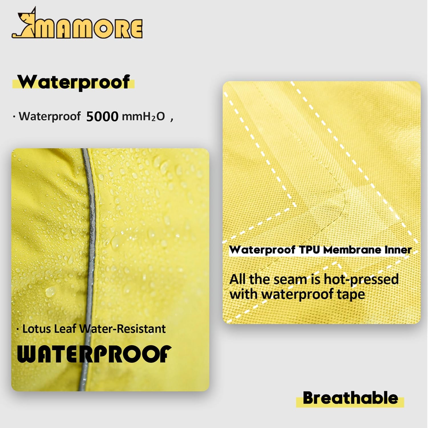 MAMORE Dog Raincoat, Waterproof Rain Jacket for Small Medium Large Dogs, Windproof Reflective Adjustable Breathable Pet Rain Coat with Storage Pocket and Leash Holes (Mineral Yellow, Large)