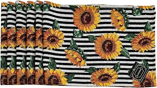 Home Decor Harvest Black White Sunflower Placemats, Set of Six (6) Colorful Tapestry Weave Fabric for The Holiday's, Thanksgiving, Autumn and Fall