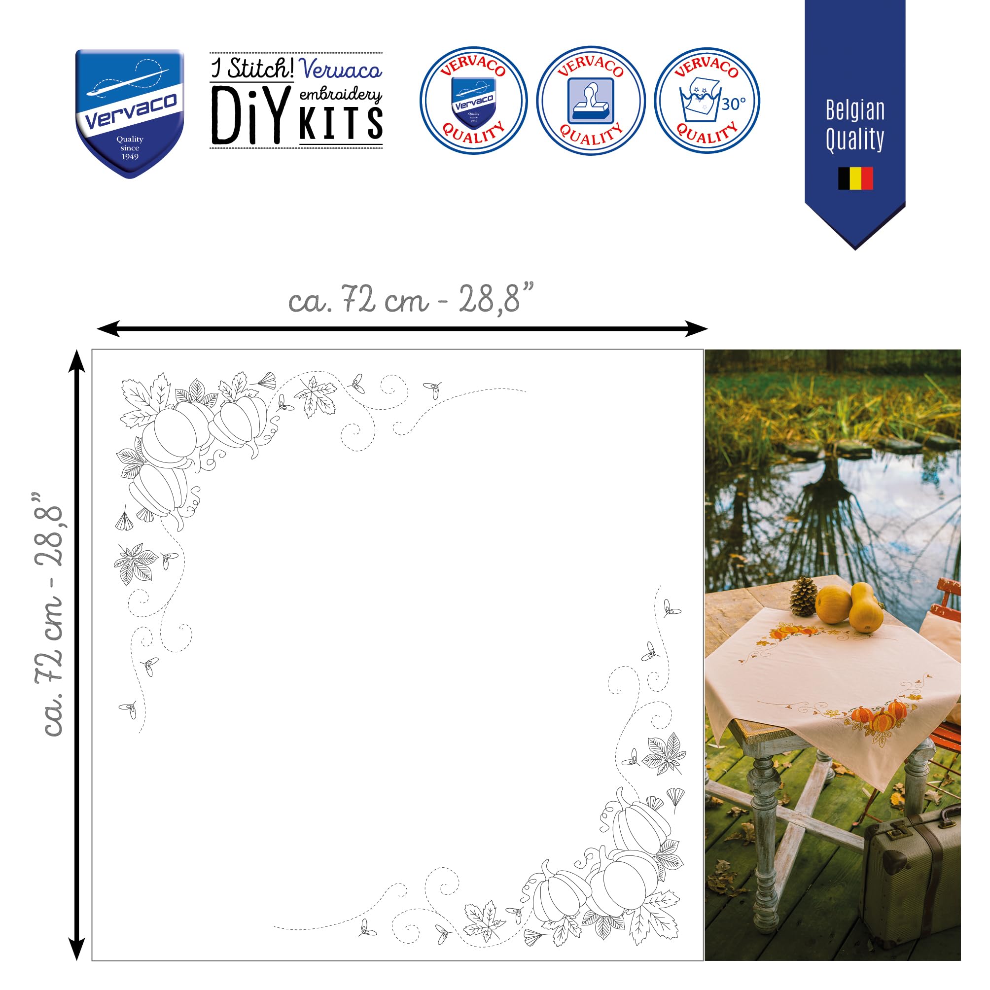 Tischdecke Plattstich Stickpackung Herbstkürbisse, Stickbild gedruckt, 72x72cm