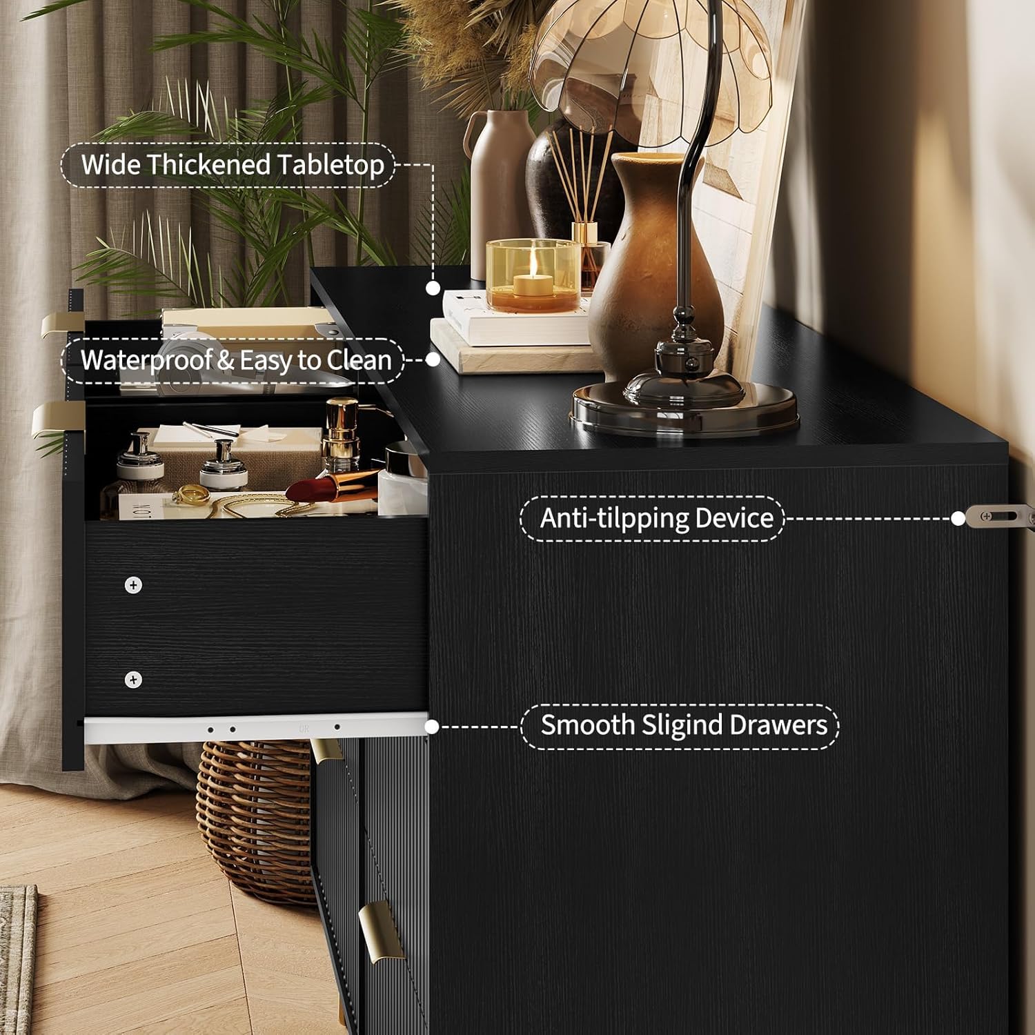 GarveeHome Fluted Dresser for Bedroom with 6 Drawers,47" Wide Modern Chest of Wooden Bedroom Chest with Metal Handle,Clothes Storage Organizer,Dresser & TV Stand for Living Room,Hallway,Black