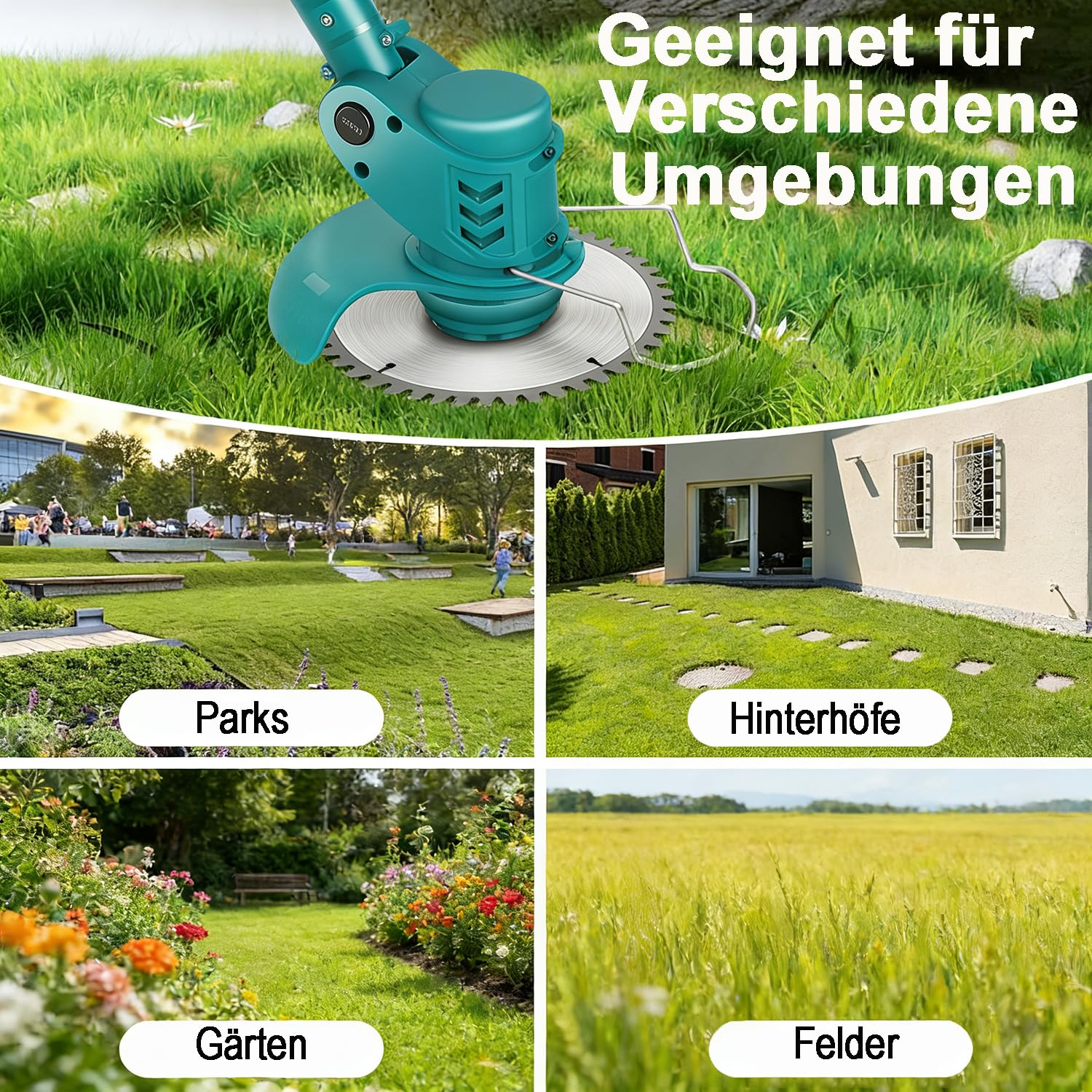 Akku-Rasentrimmer für Makita Akkus,Freischneider Akku mit 2X4.0Ah Batterien und Ladegerät,Elektrisch Motorsense mit 4 Messertypen,90° Drehkopf,Rasenkantenschneider für Rasen, Garten, Hof