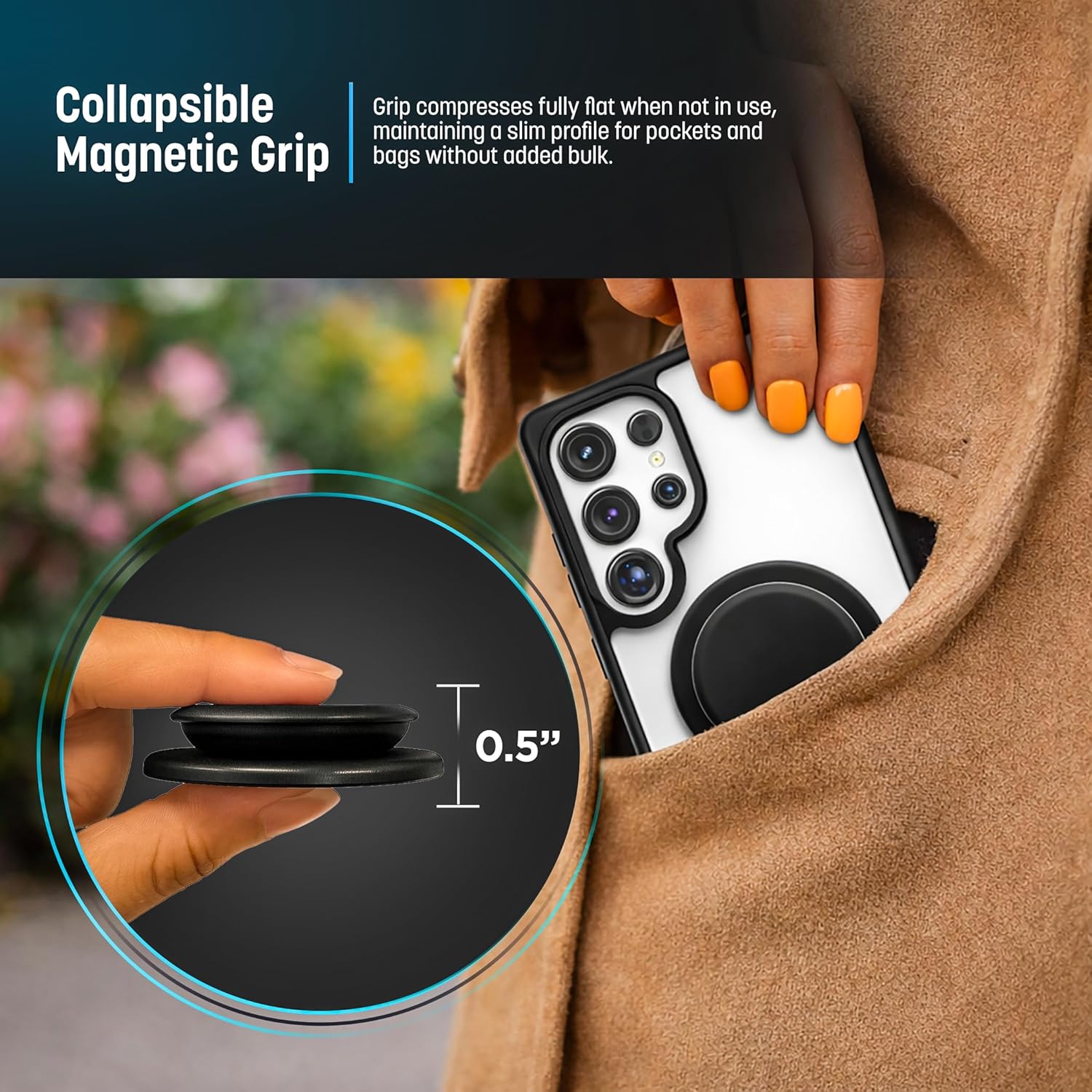 ENCASED for Samsung Galaxy S26 Ultra Case with Grip (Compatible with MagSafe) 2-in-1 Magnetic Cover and Collapsible Phone Holder (2026) Clear