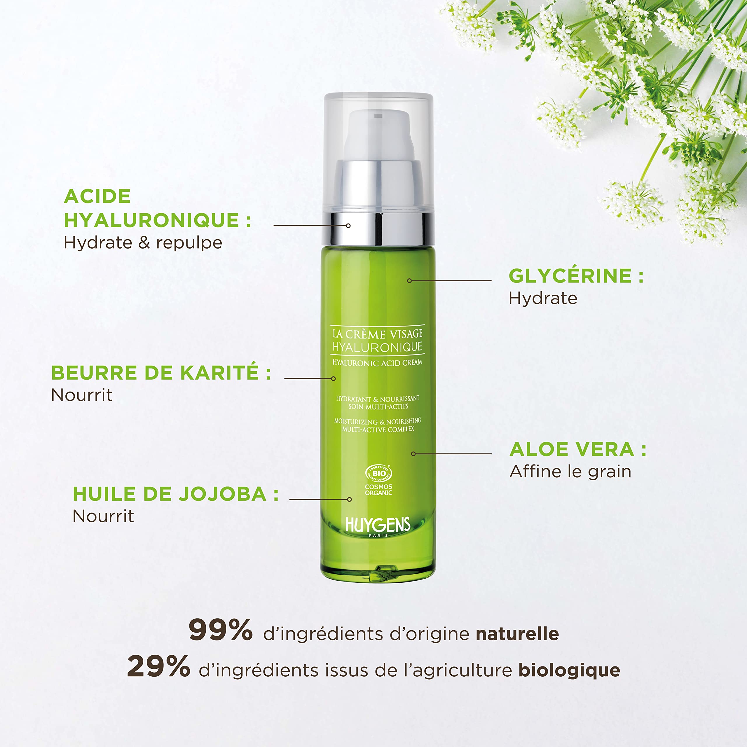 La Crema Hidratante – 100% Hidratación Inmediata – Crema de ácido hialurónico orgánico HUYGENS – Revitaliza y lisa – 50 ml – 100% natural – Made In France