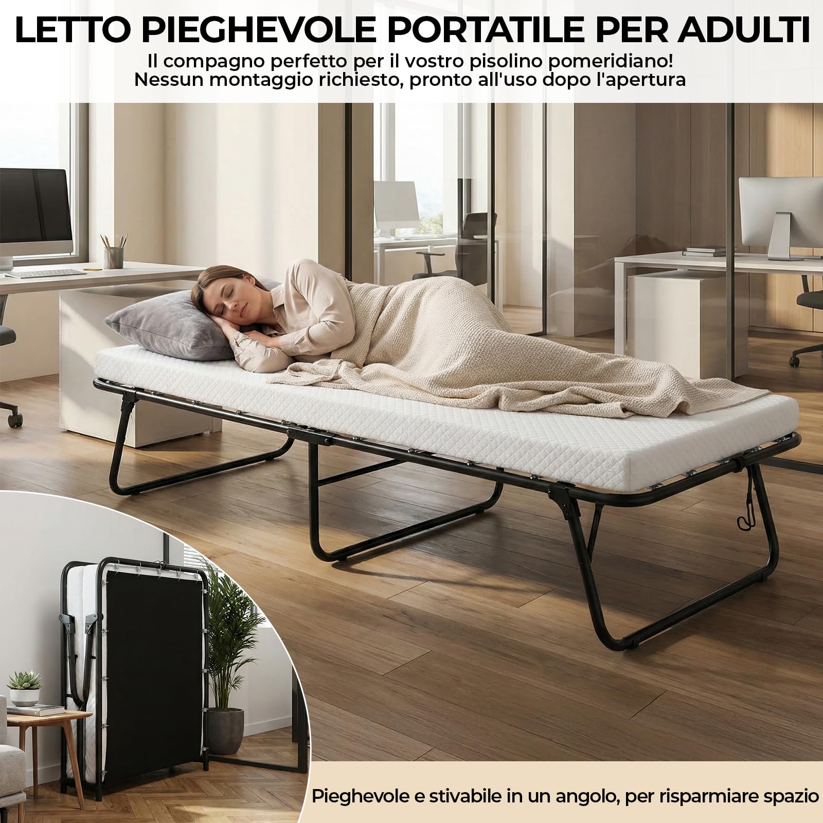 MAMIZO Letto Pieghevole Singolo 80x190 cm, Brandina Pieghevole con Materasso Memory Foam 7 cm, Letto Richiudibile per Ospiti, Letto Brandina Portatile,Ufficio,Casa di Riposo,Ospedale,30 pcs Molla