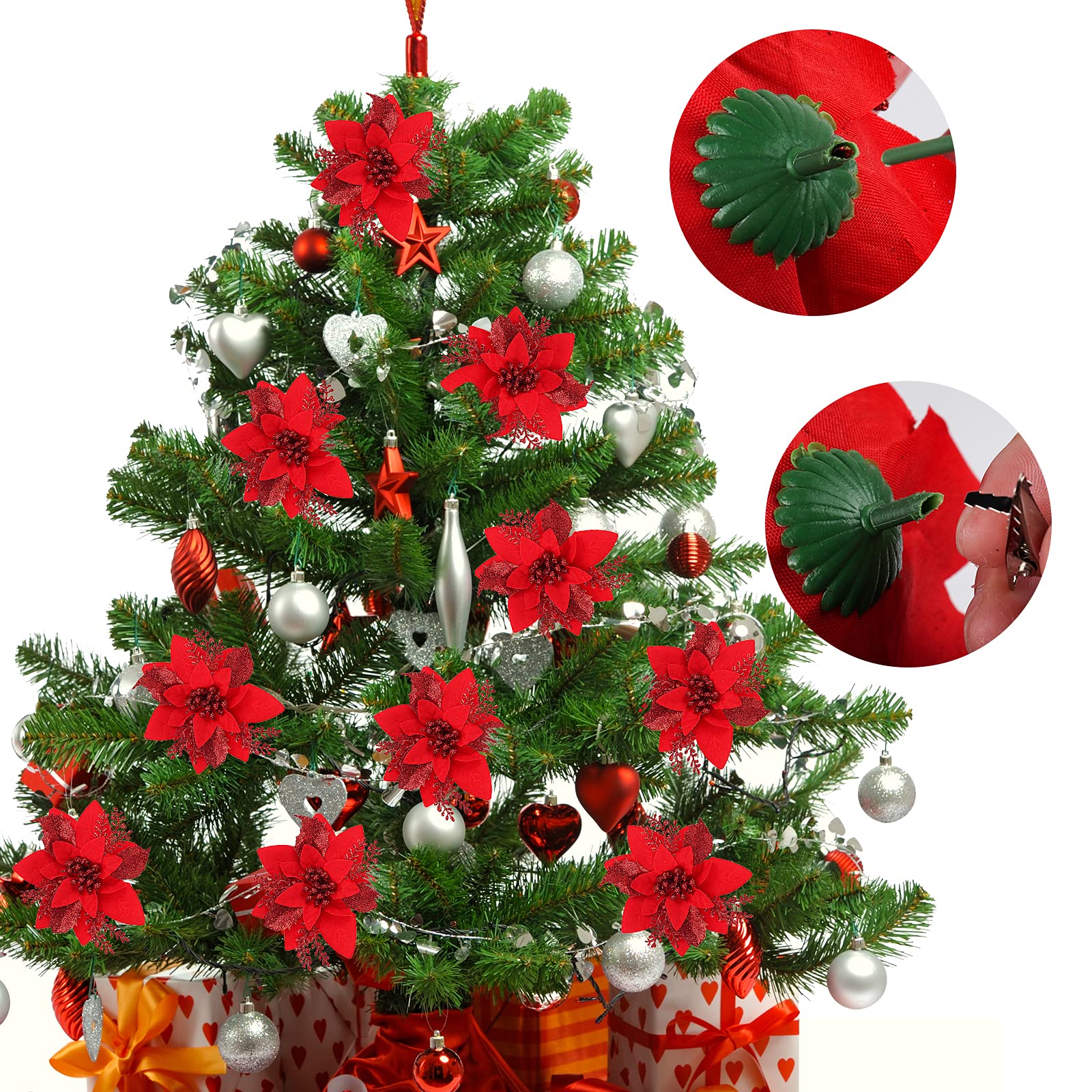 Amazon.co.jp: RECUTMS レッドグリッター ポインセチア 花 クリスマス