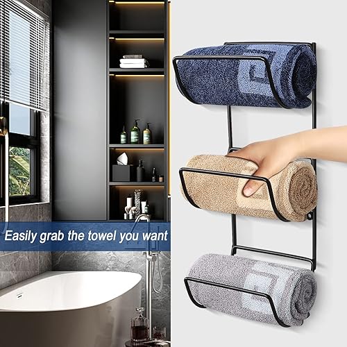 Miniatura 3 de NearMoon Toallero montado en la pared, 2 toalleros de metal para baño, 2 toalleros + cesta de almacenamiento de toallas de mano, organizador de