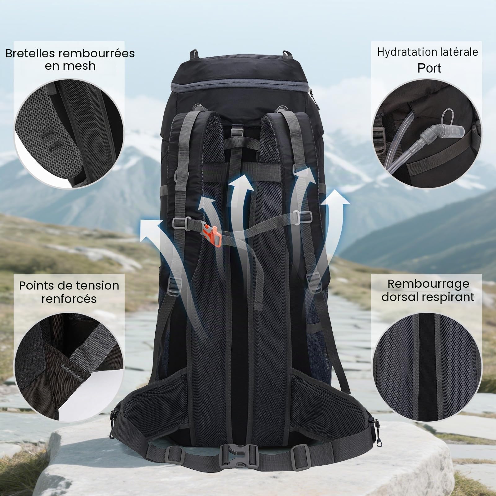 Sac à Dos de Randonnée 70L avec Couvre-pluie, Imperméable pour le Camping et le Voyage. Idéal pour les Sports Outdoor, l'Escalade, le Trekking et la Randonnée. Bagage Homme et Femme (Noir)