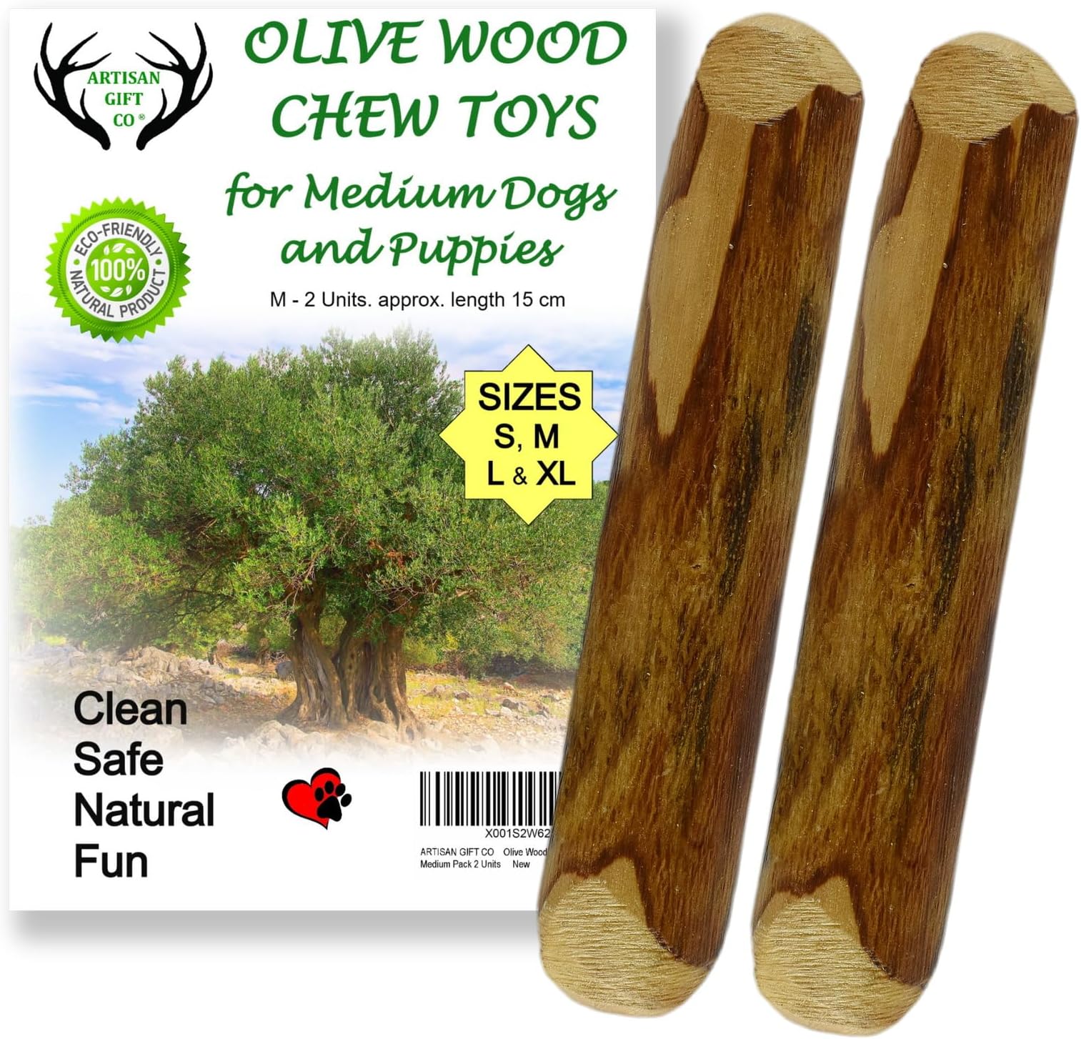Natural Olive Wood Long Lasting Dog Chew, Puppy Teething Toy, Saving Pack 2 Sticks (Medium) 15cm